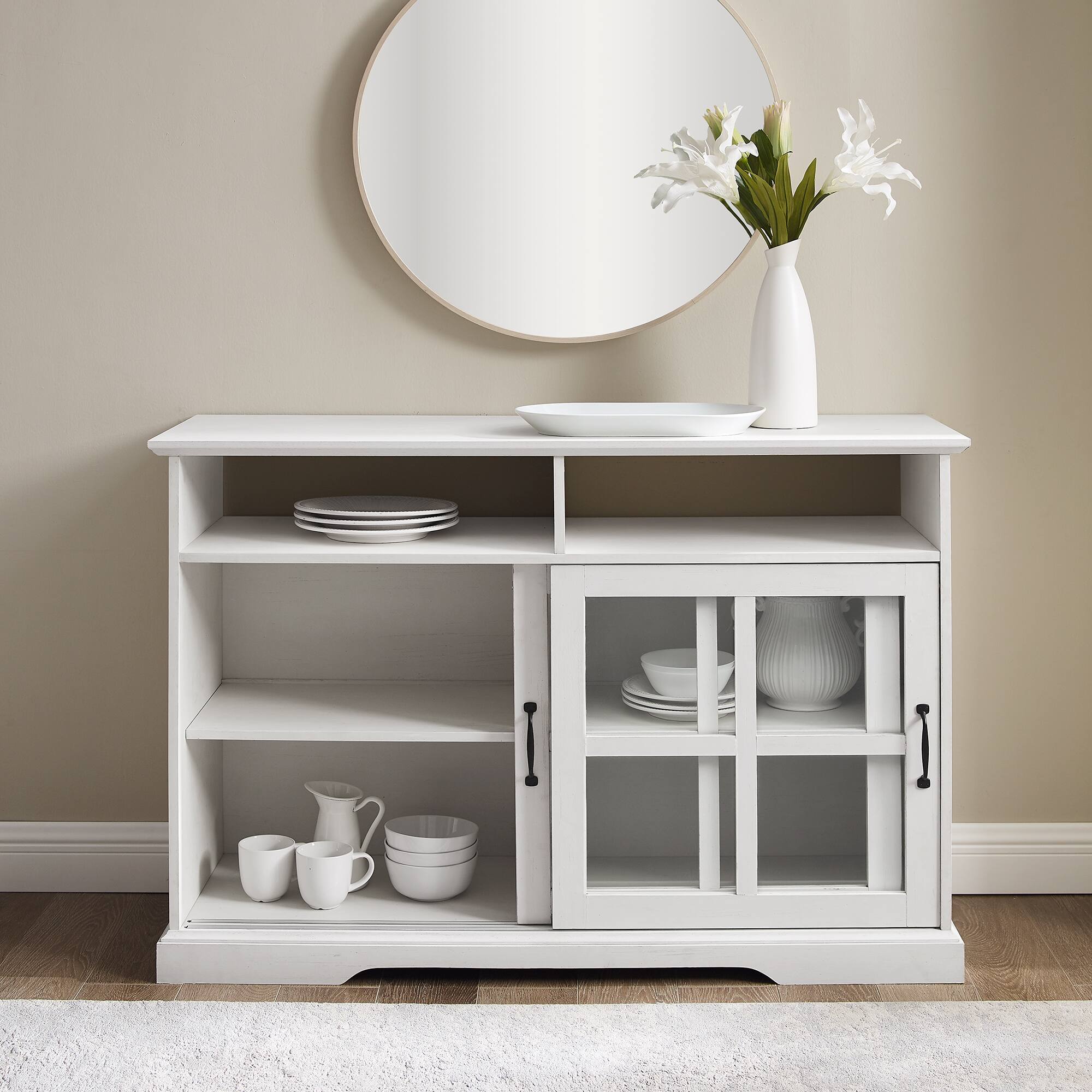 Walker Edison 48" Brushed White Sliding Glass Door Sideboard