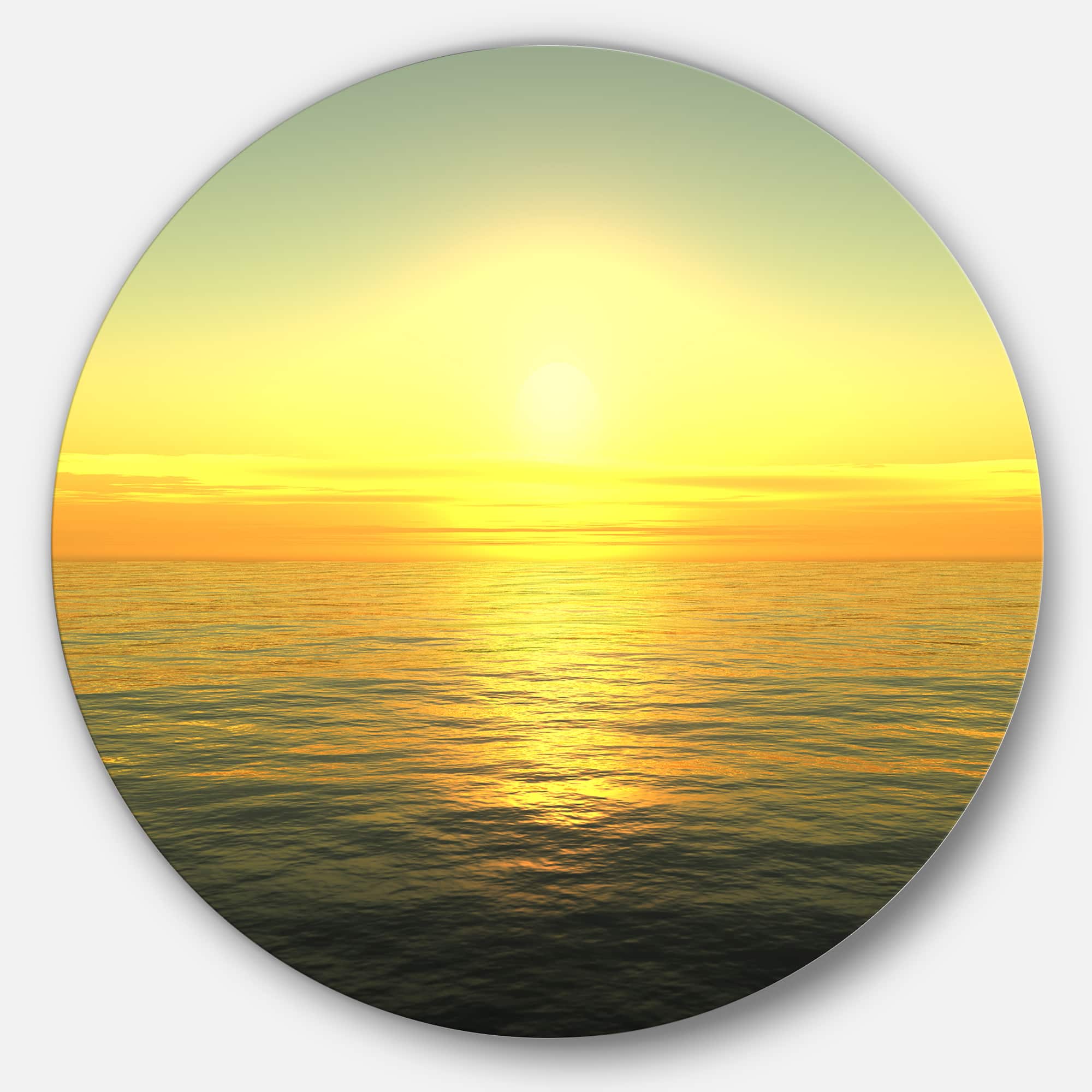 Designart - Brilliant Yellow Sunrise over Waters' Beach Photo Metal Circle Wall Art