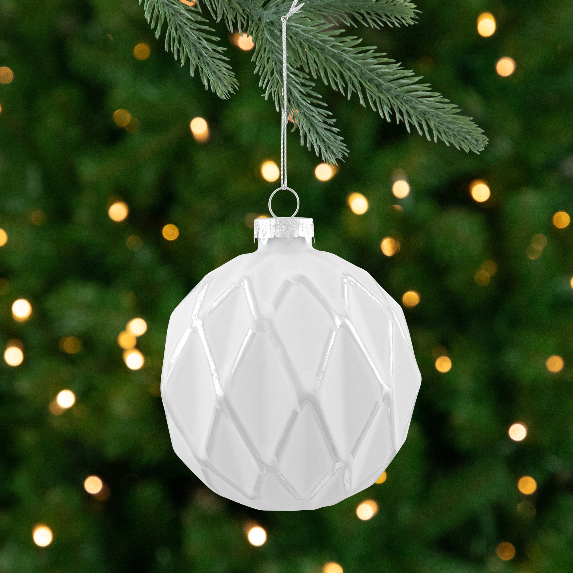 Embossed Diamond Christmas Glass Ball Ornaments - 4" (100mm) - White - 4ct