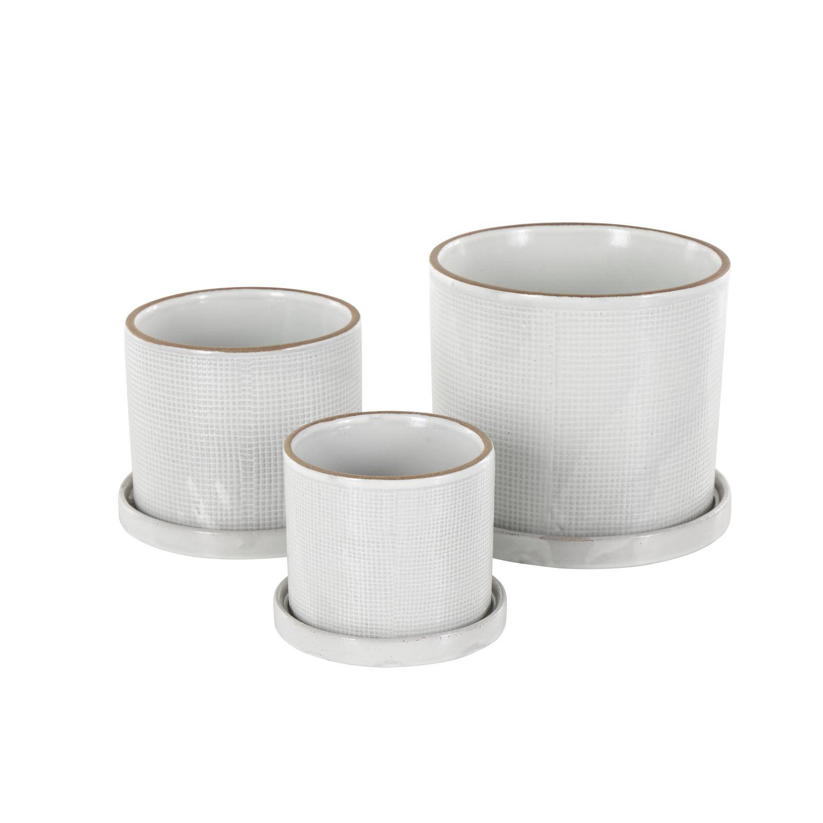 White Geometric Grid Patterned Ceramic Planter Set