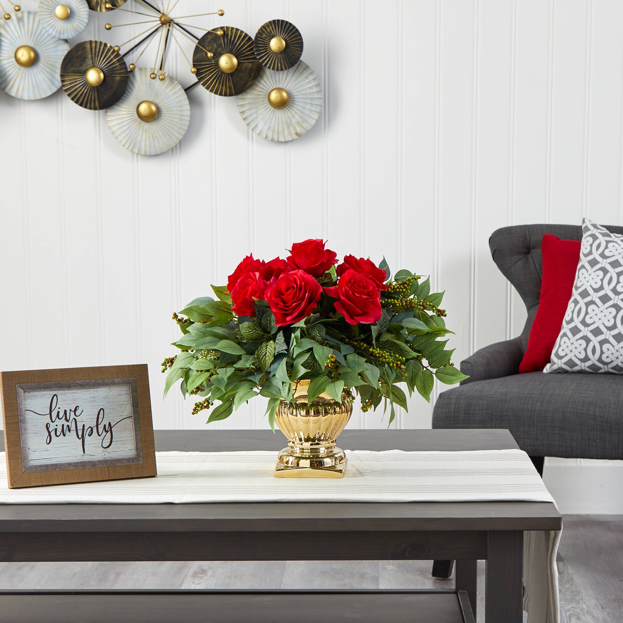 14&#x22; Red Rose Floral Arrangement in Gold Urn 