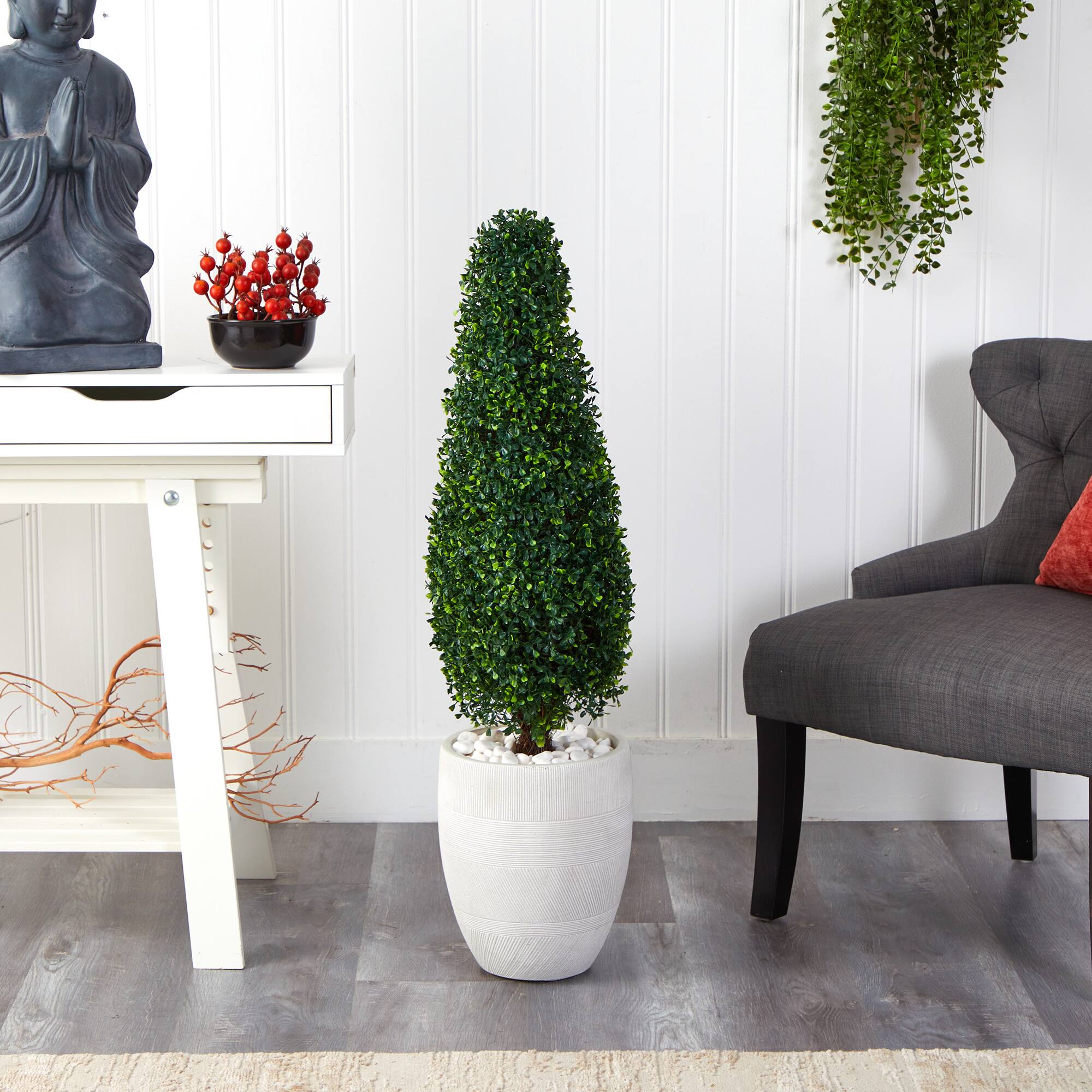 3.5ft. Boxwood Tower Topiary Tree in White Planter