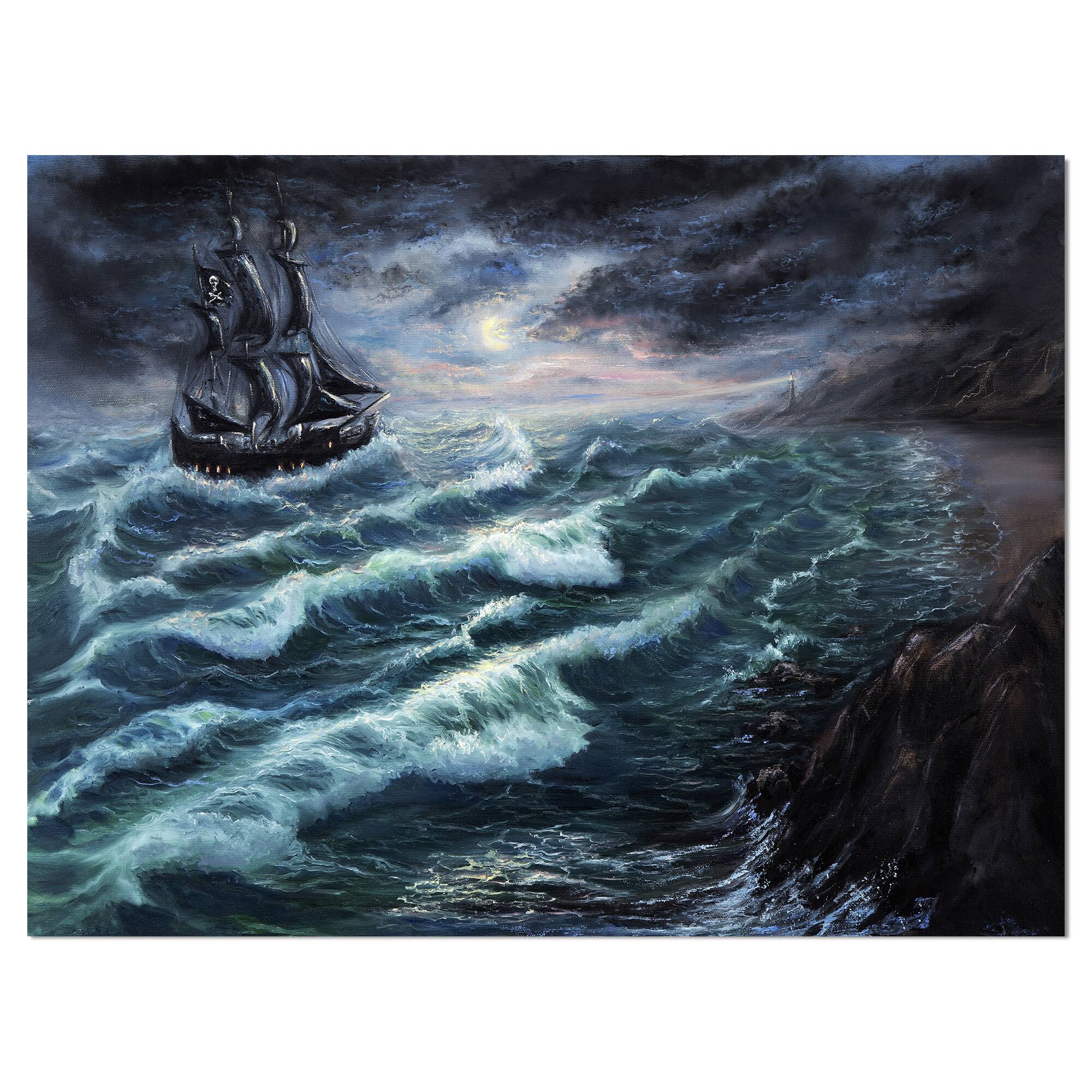 Designart - Pirate Ship Under Stormy Cloud - Sea & Shore Painting Print on Wrapped Canvas