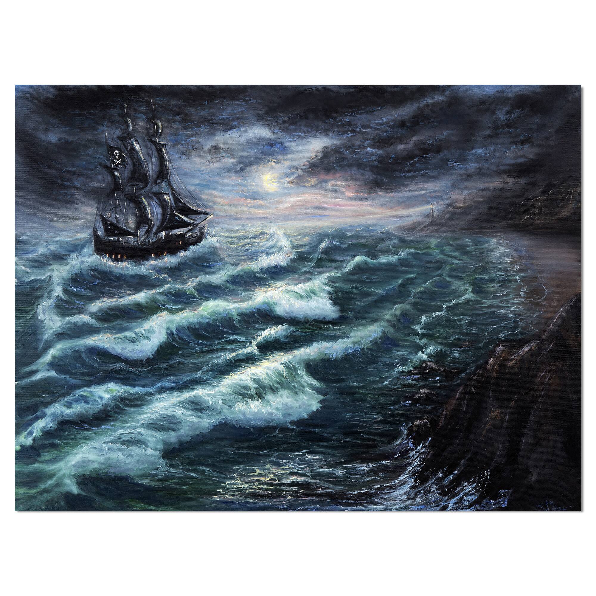 Designart - Pirate Ship Under Stormy Cloud - Sea & Shore Painting Print on Wrapped Canvas in Blue | 20" x 12" | Michaels®