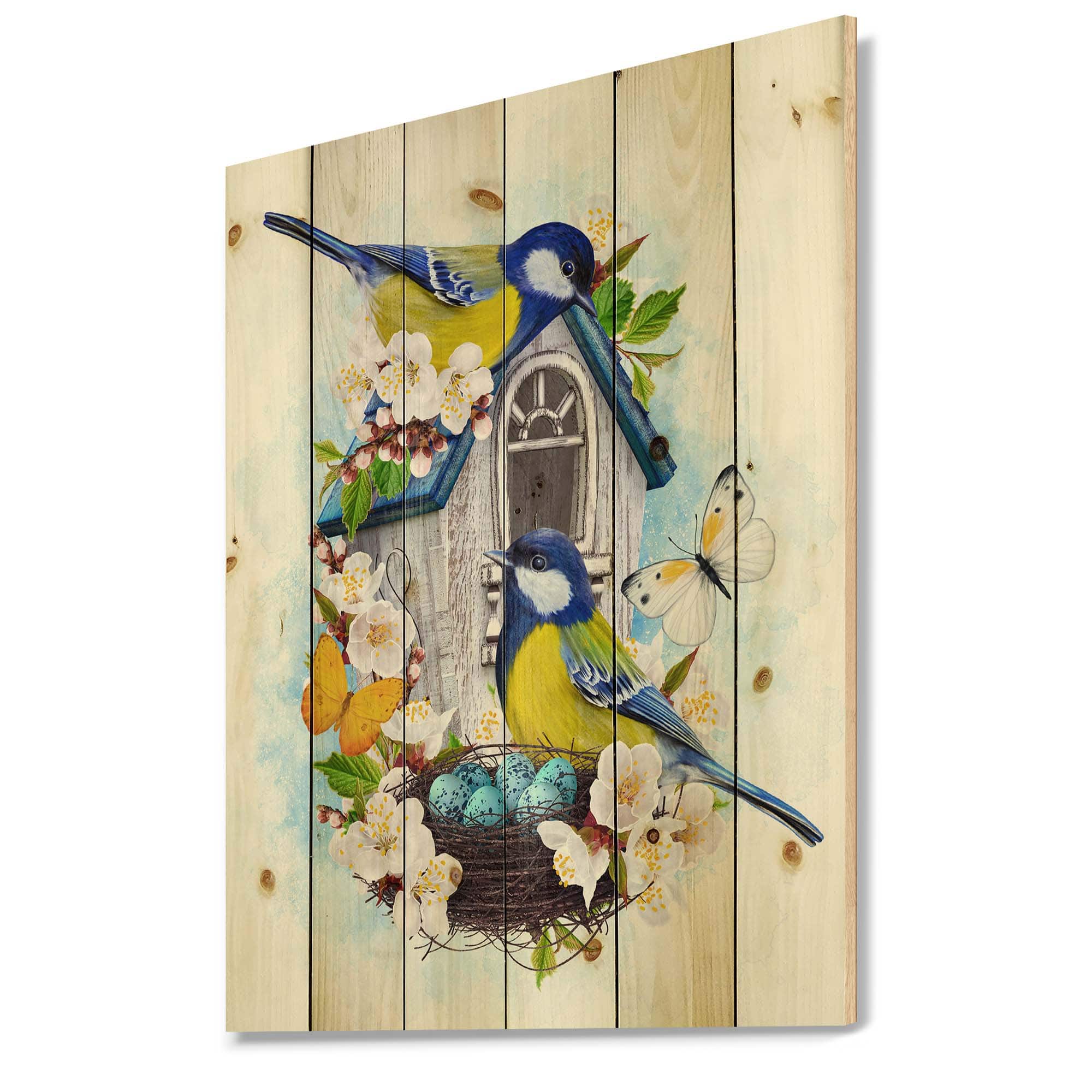 Designart - Two Tit Birds Sitting Near The Nest With Eggs I - Traditional Print on Natural Pine Wood