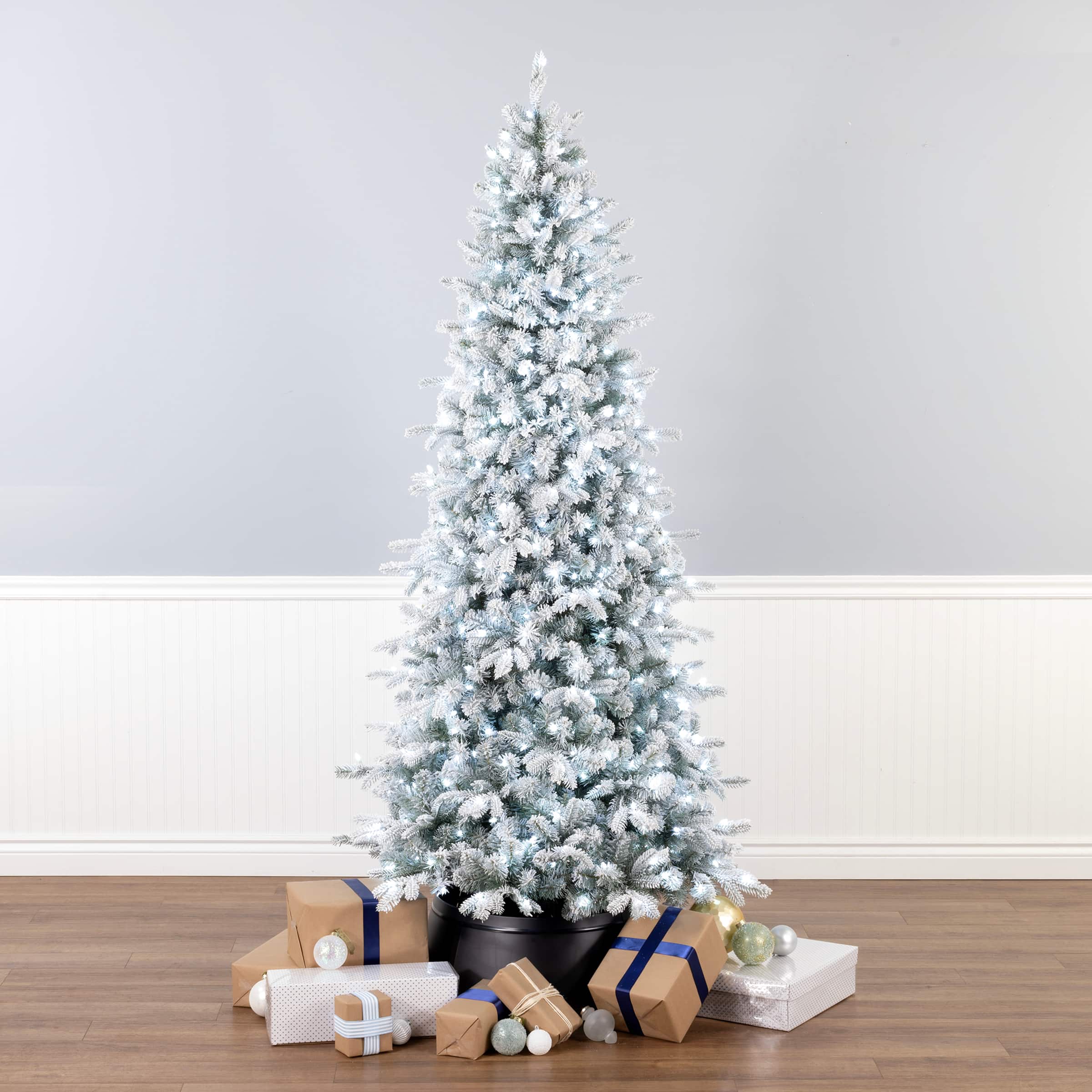 7.5ft. Pre-Lit Snowy Comet Slim Blue Artificial Christmas Tree, Cool White LED Lights
