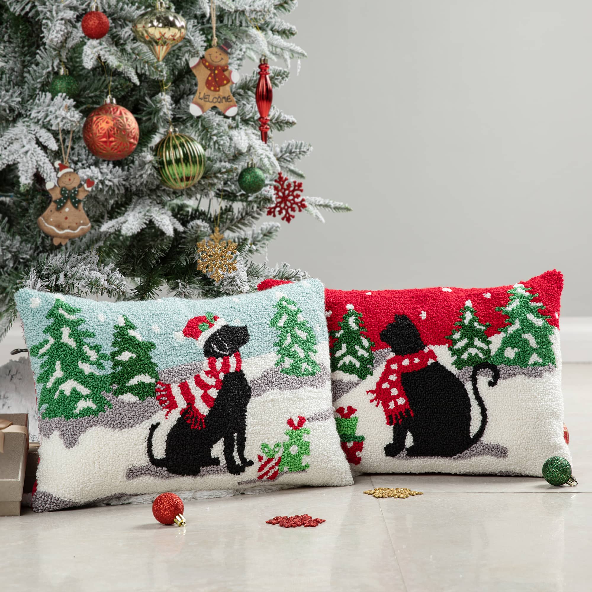 Glitzhome&#xAE; Hooked Christmas Cat &#x26; Dog Pillows, 2ct.