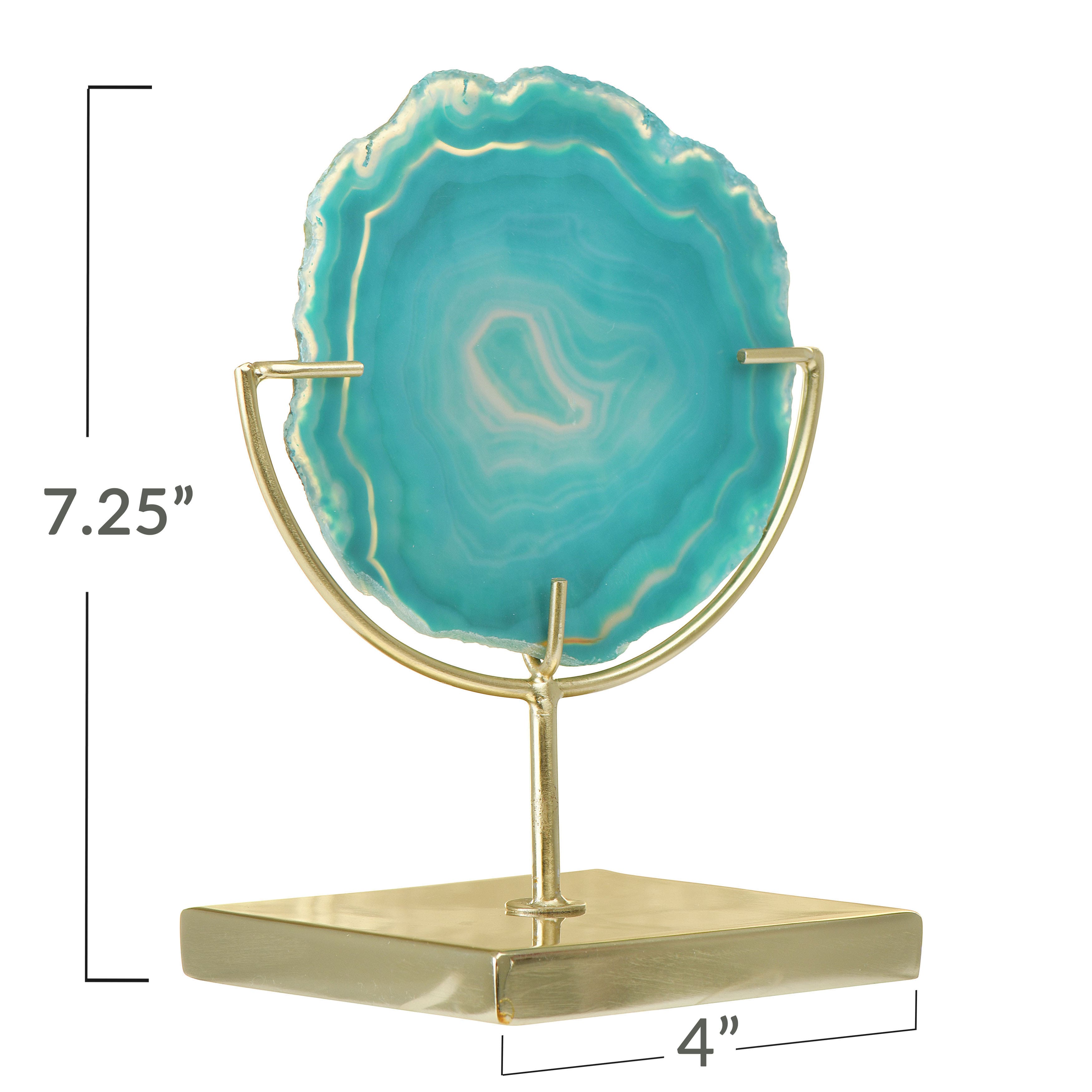 7&#x22; Marbled Turquoise Decorative Agate Slice Accent on Metal Stand