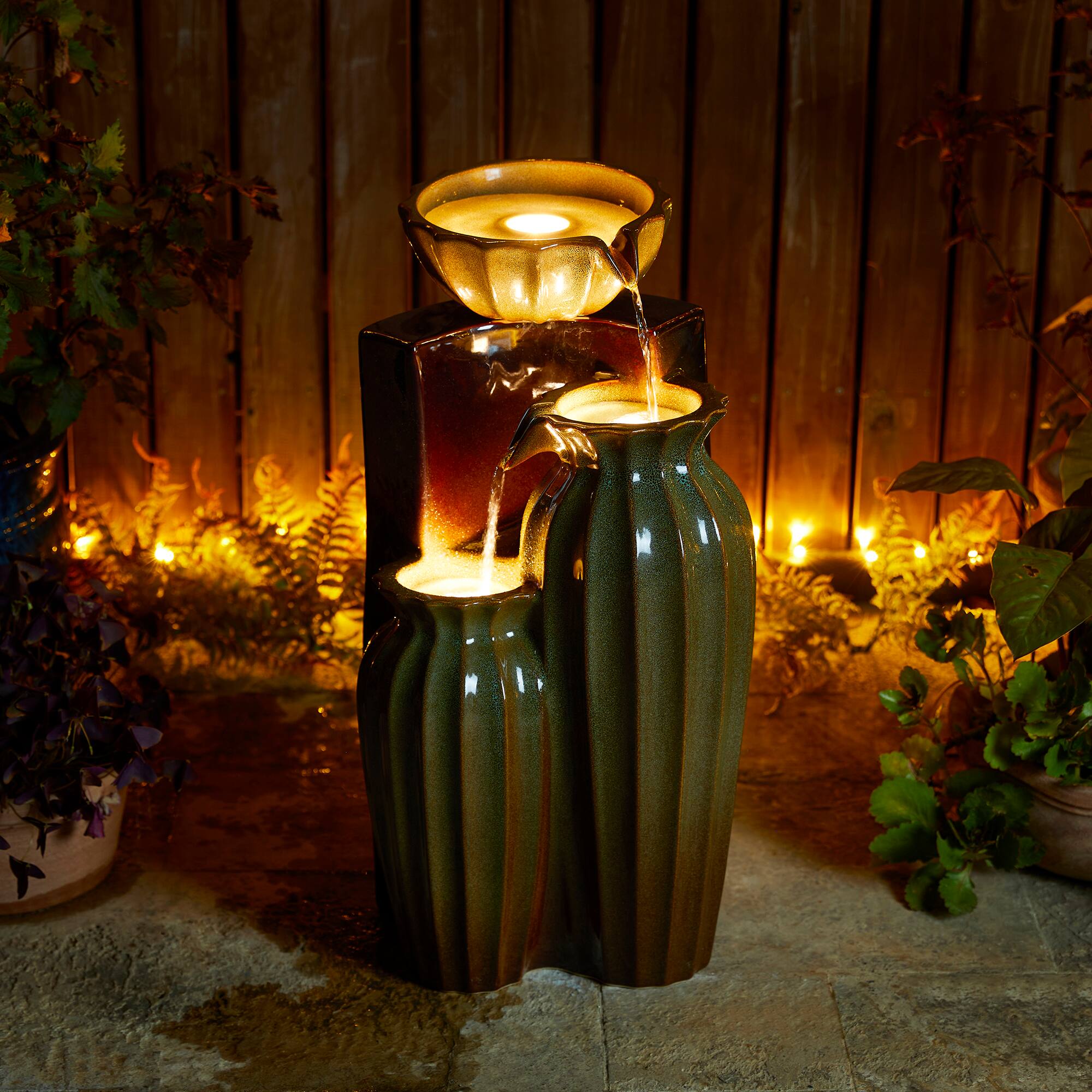 Glitzhome&#xAE; 26.75&#x22; 3-Tier LED Fluted Textured Ceramic Outdoor Floor Fountain