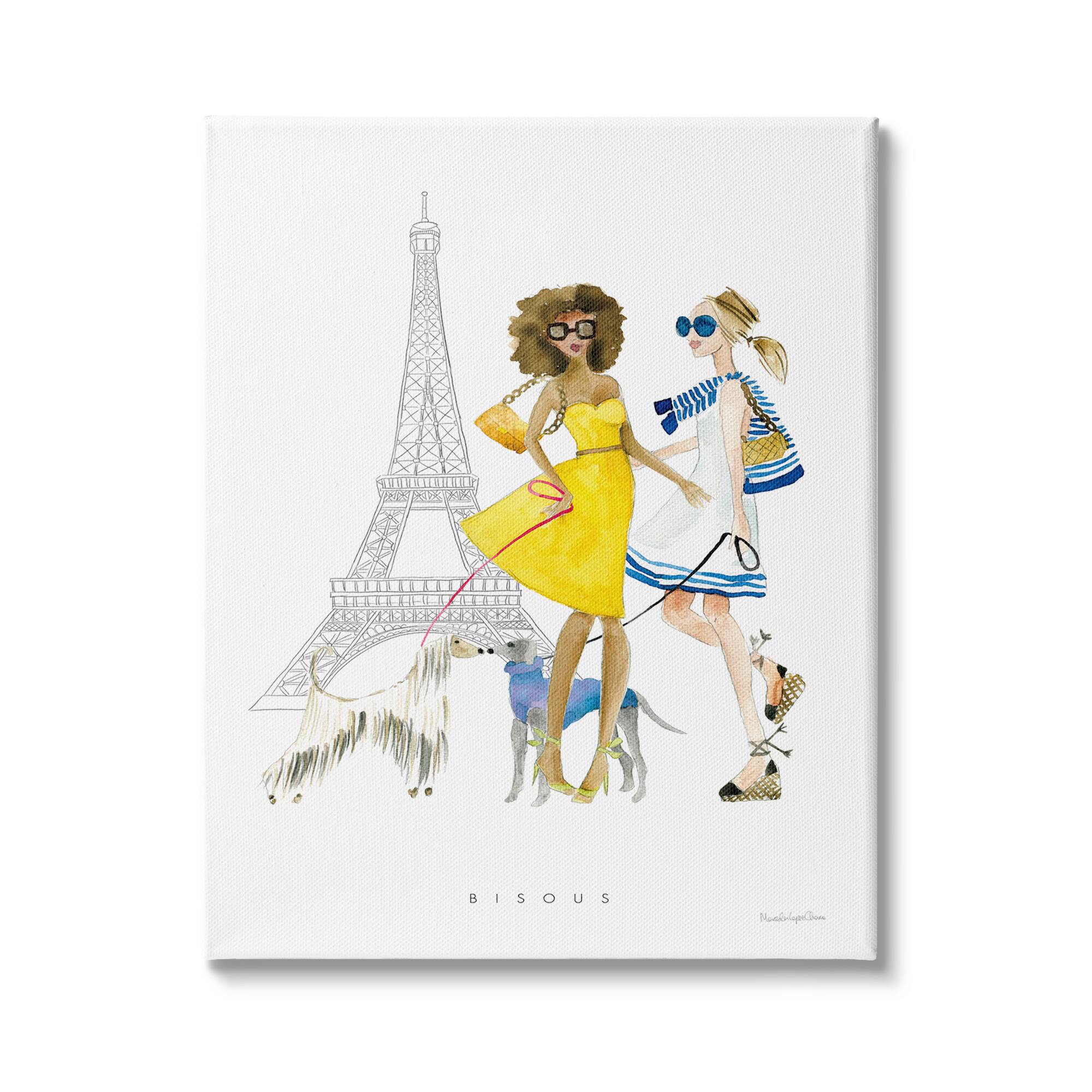 Stupell Industries Bisous Kisses Phrase Parisian Fashion Females and Dogs Canvas Wall Art