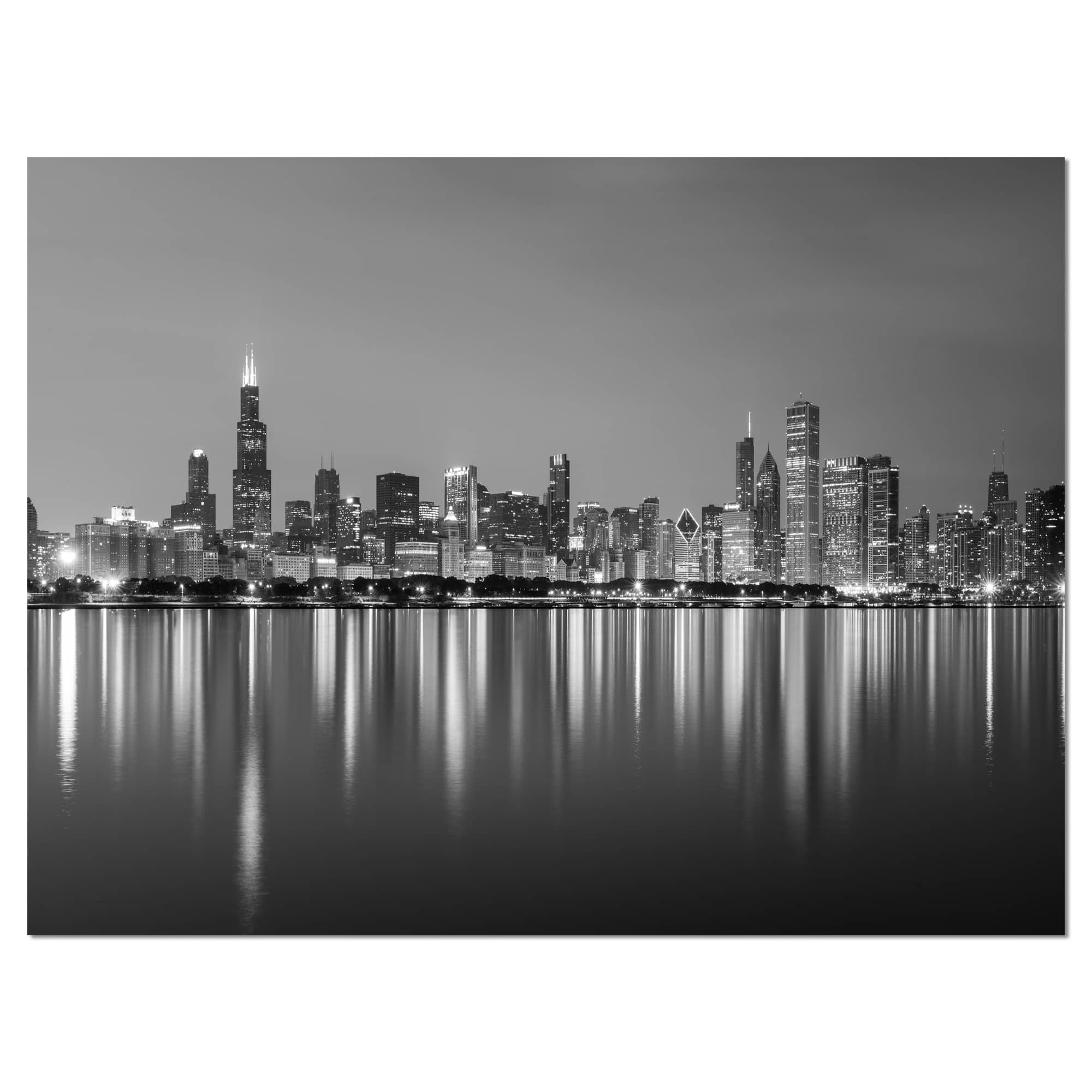 Designart - Chicago Skyline at Night Black and White - Cityscape Canvas Print