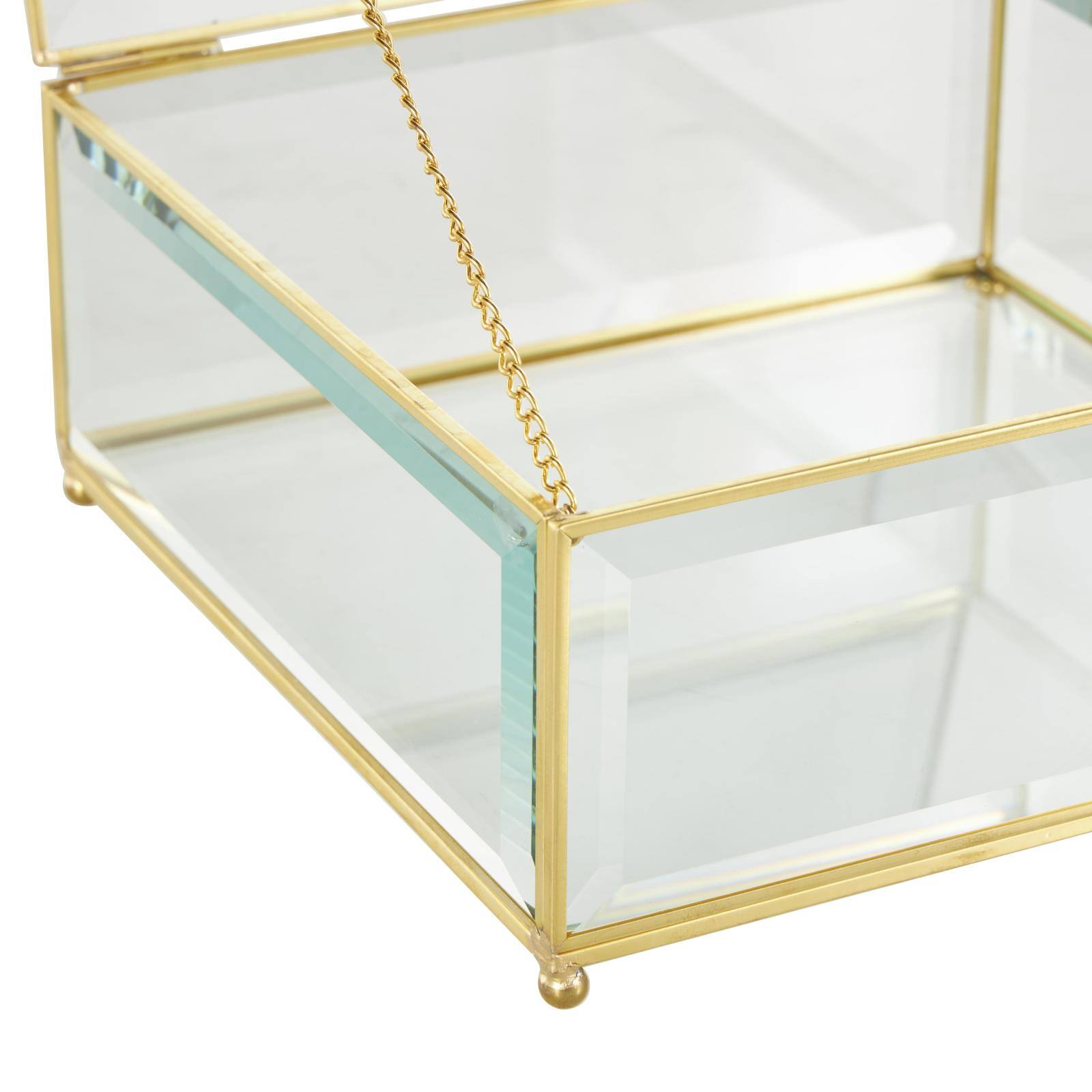 Clear & Gold Beveled Glass & Metal Square Footed Jewelry Box with Chain Accent Set