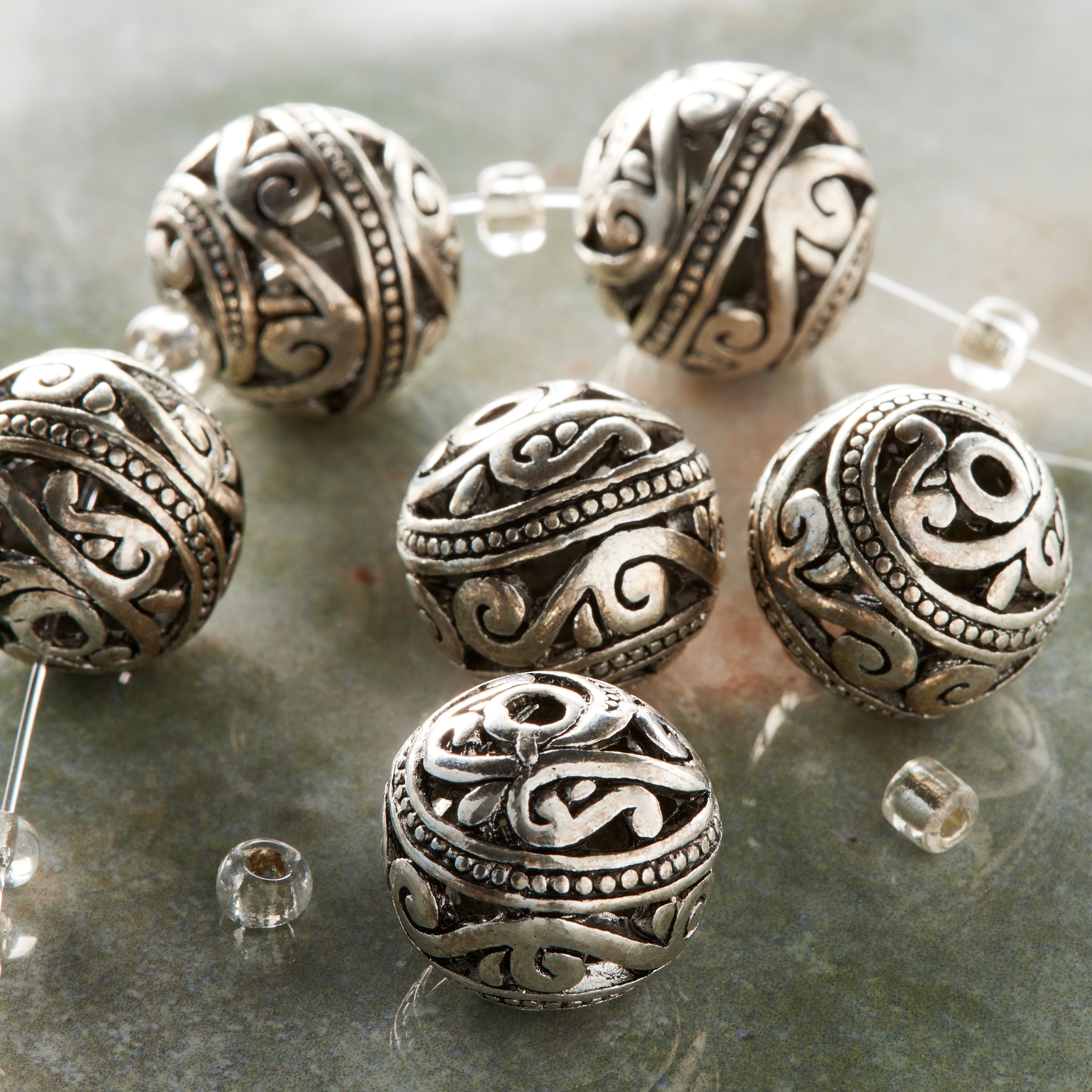 Silver-Plated Carved Filigree Beads, 14mm by Bead Landing™