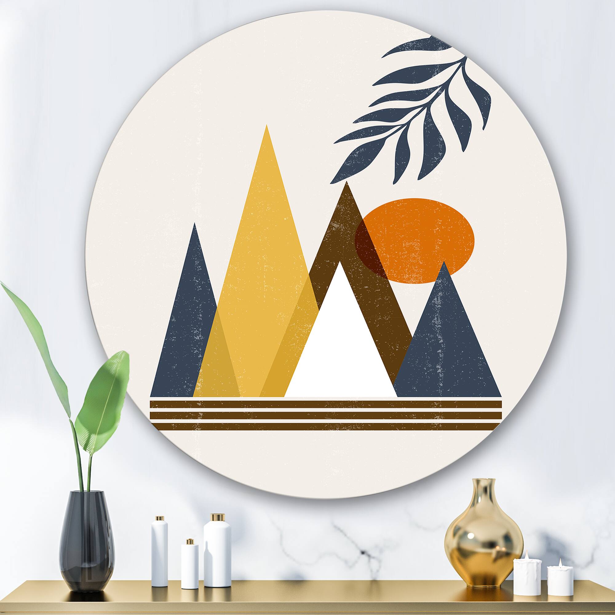 Designart - Abstract Sun and Moon In Mountains I - Modern Metal Circle Wall Art