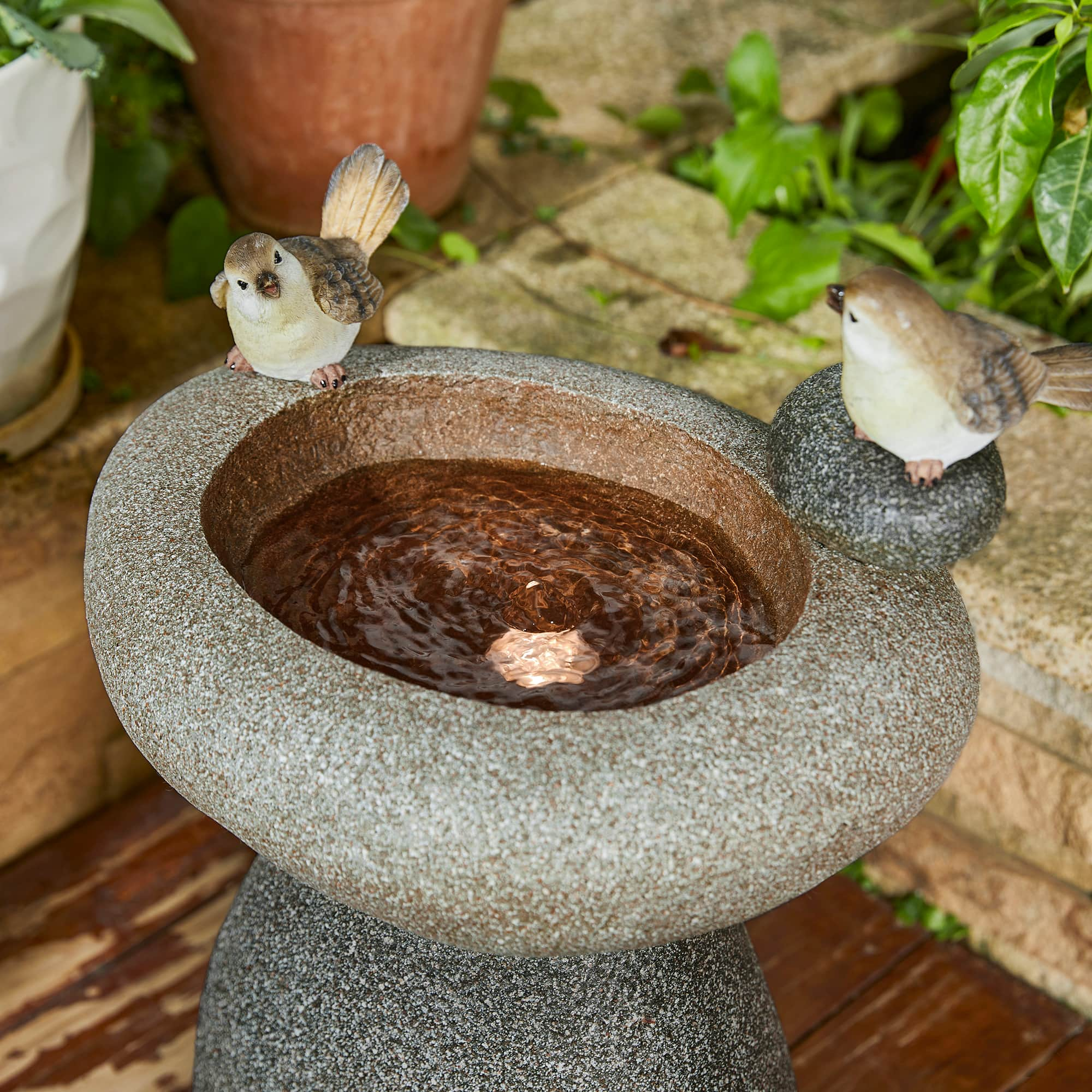 Glitzhome&#xAE; 20.75&#x22; Zen-Style Faux Stone Texture Outdoor Birdbath Fountain with LED Light