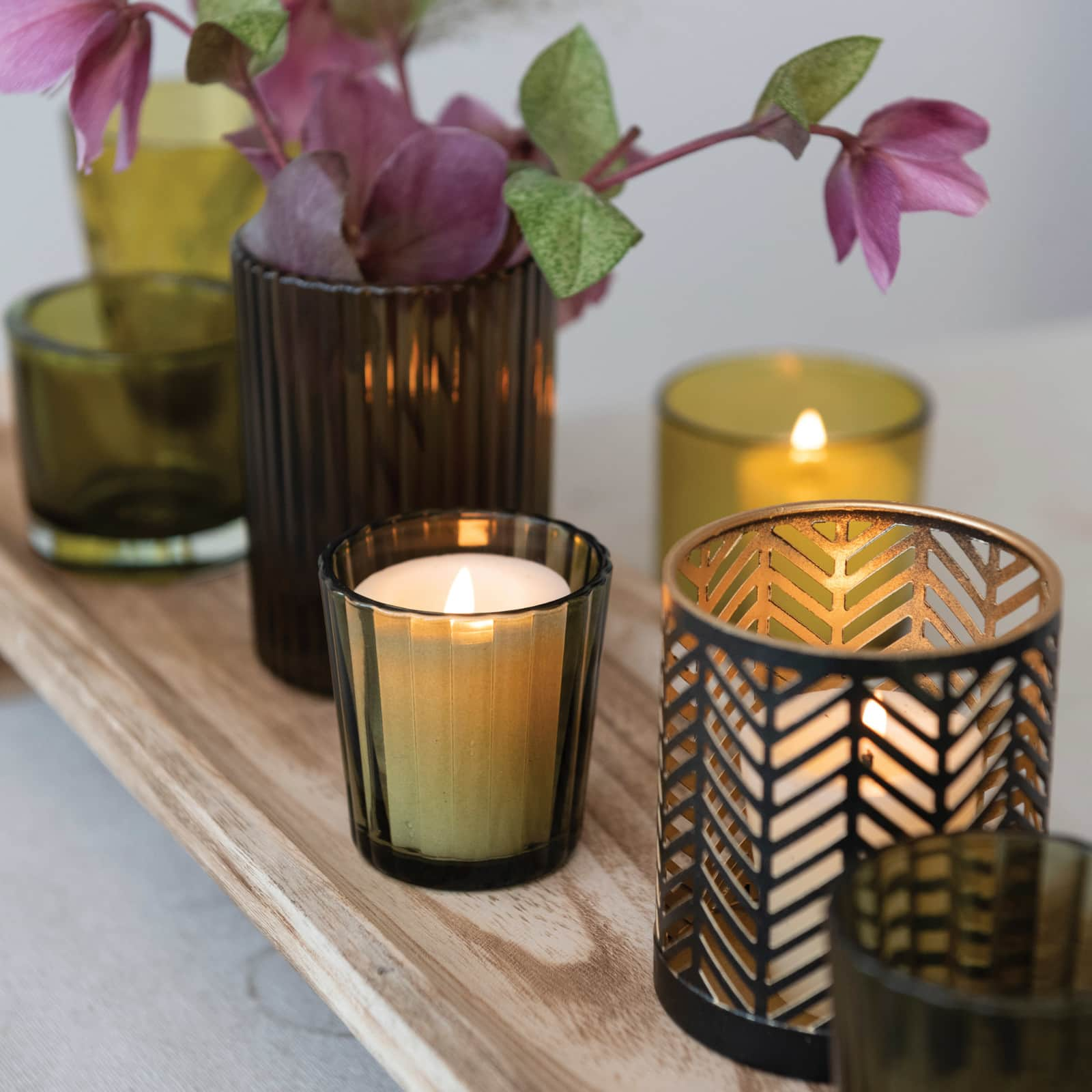 Wooden Footed Tray &#x26; Votive Holder Set