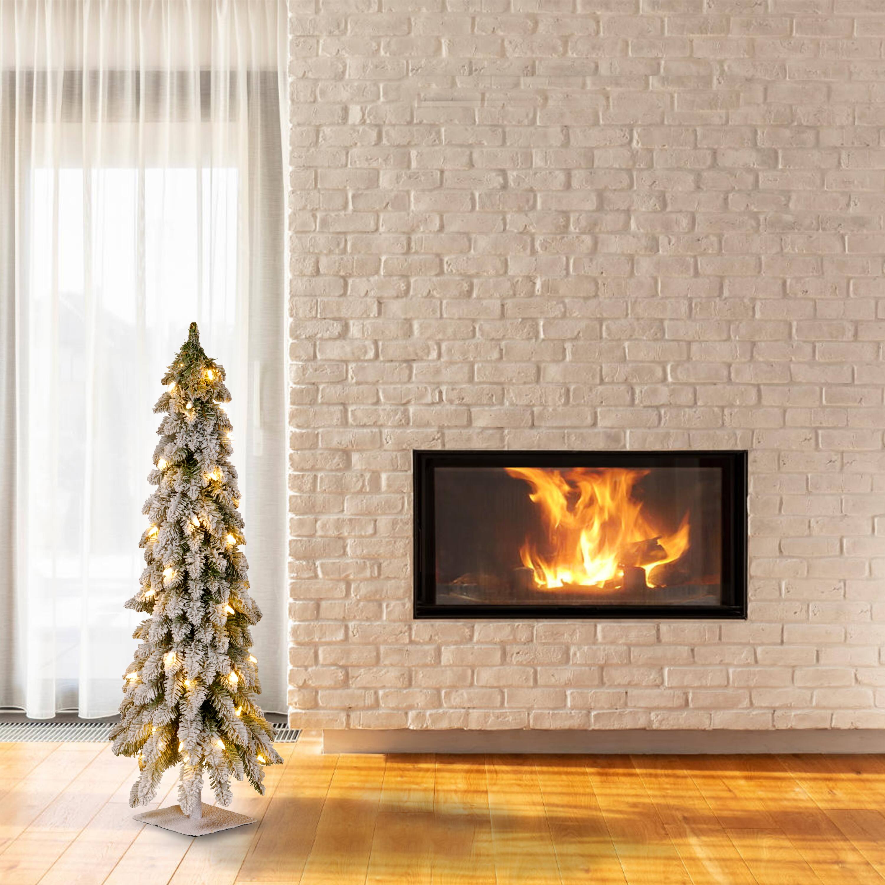 4 ft. Pre-Lit Snowy Downswept Forstree Slim Flocked Artificial Christmas Tree, Clear Lights