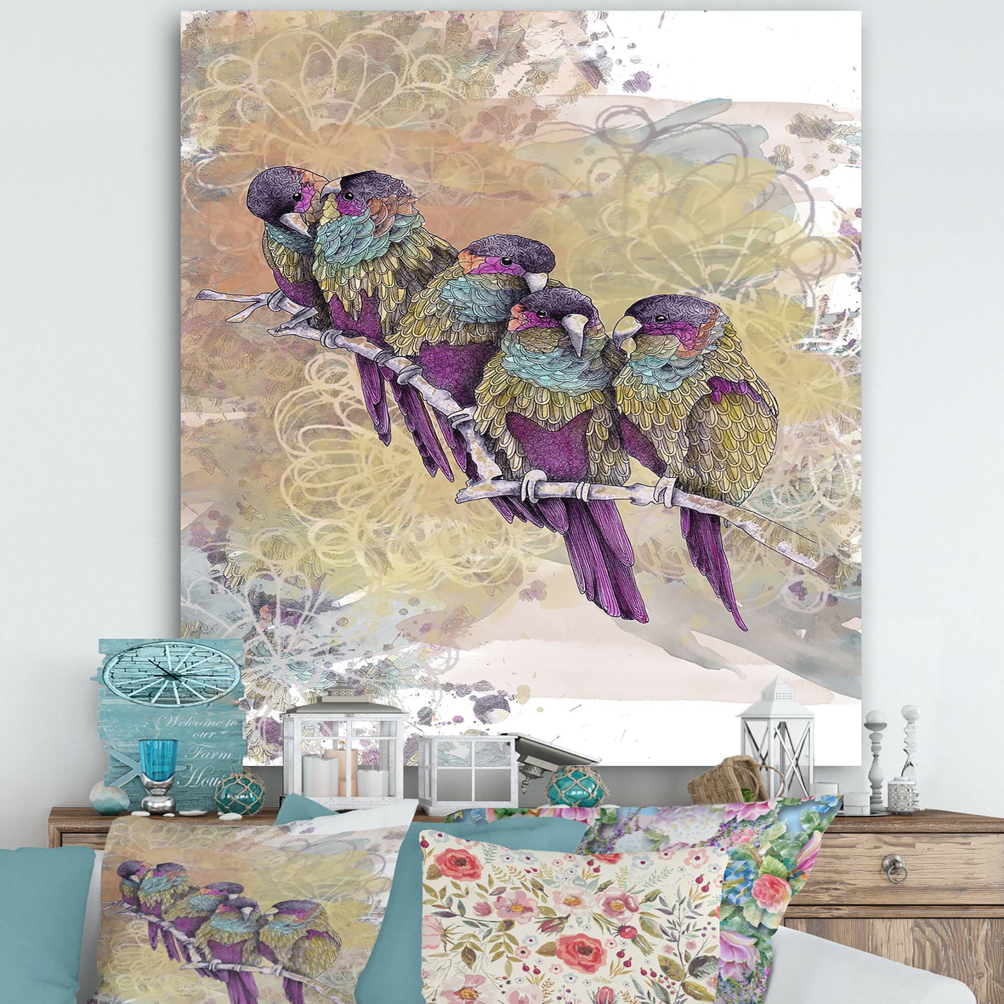 Designart - Purple Parrots - Cottage Canvas Art Print