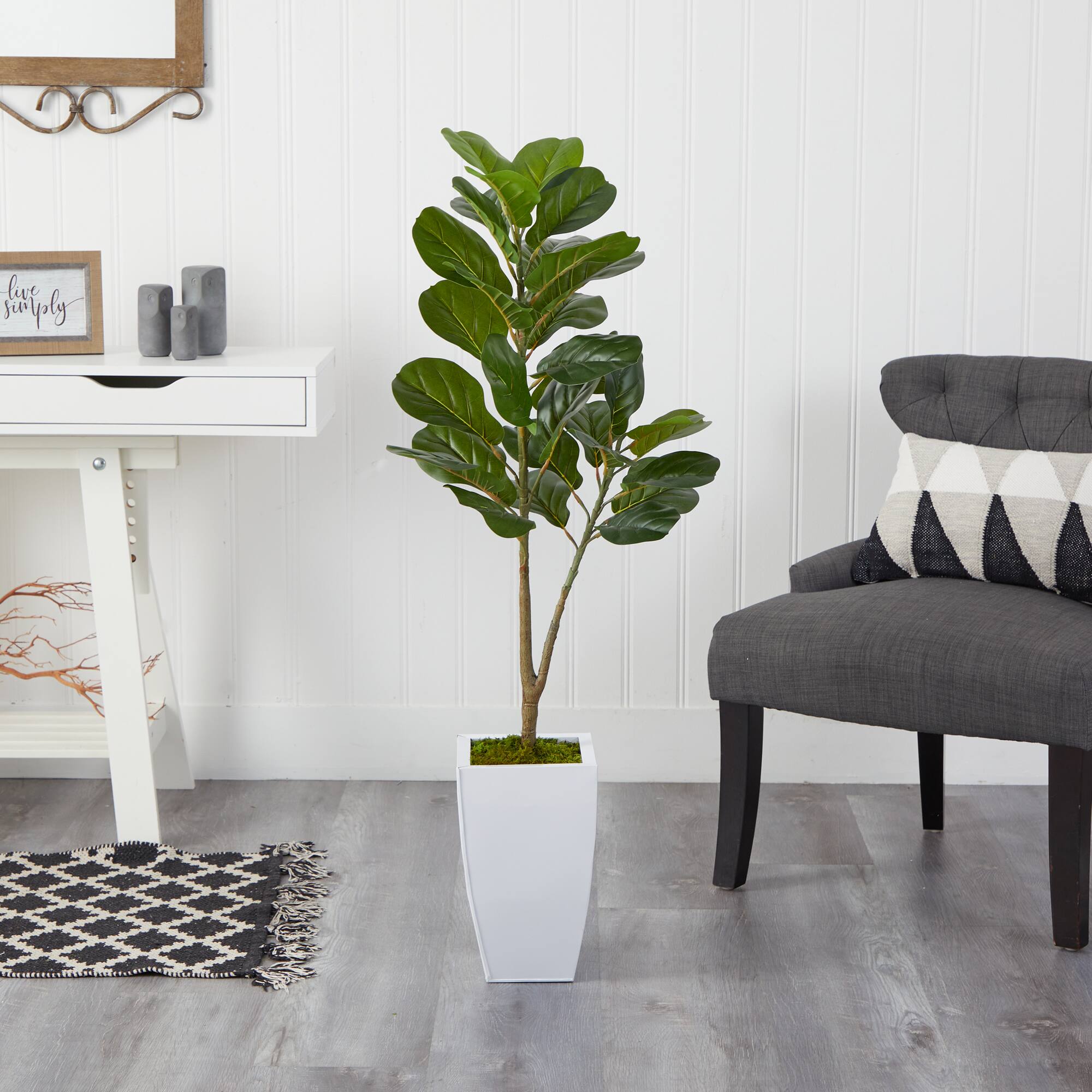 4ft. Fiddle Leaf Fig Tree in White Metal Planter