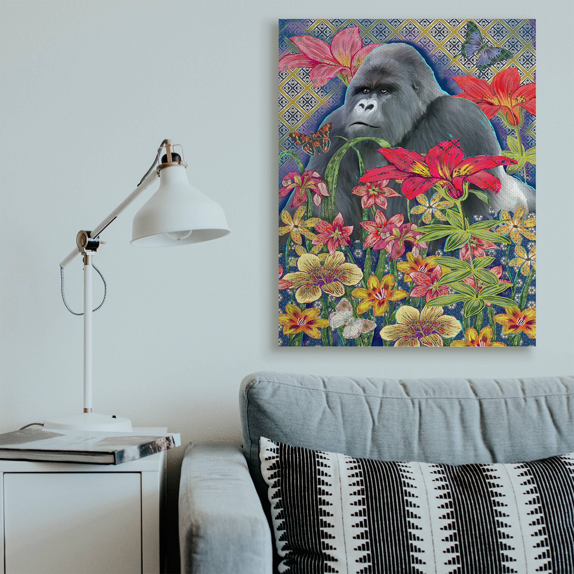 Stupell Industries Gorilla Standing Behind Tropical Florals Geometric Pattern Canvas Wall Art