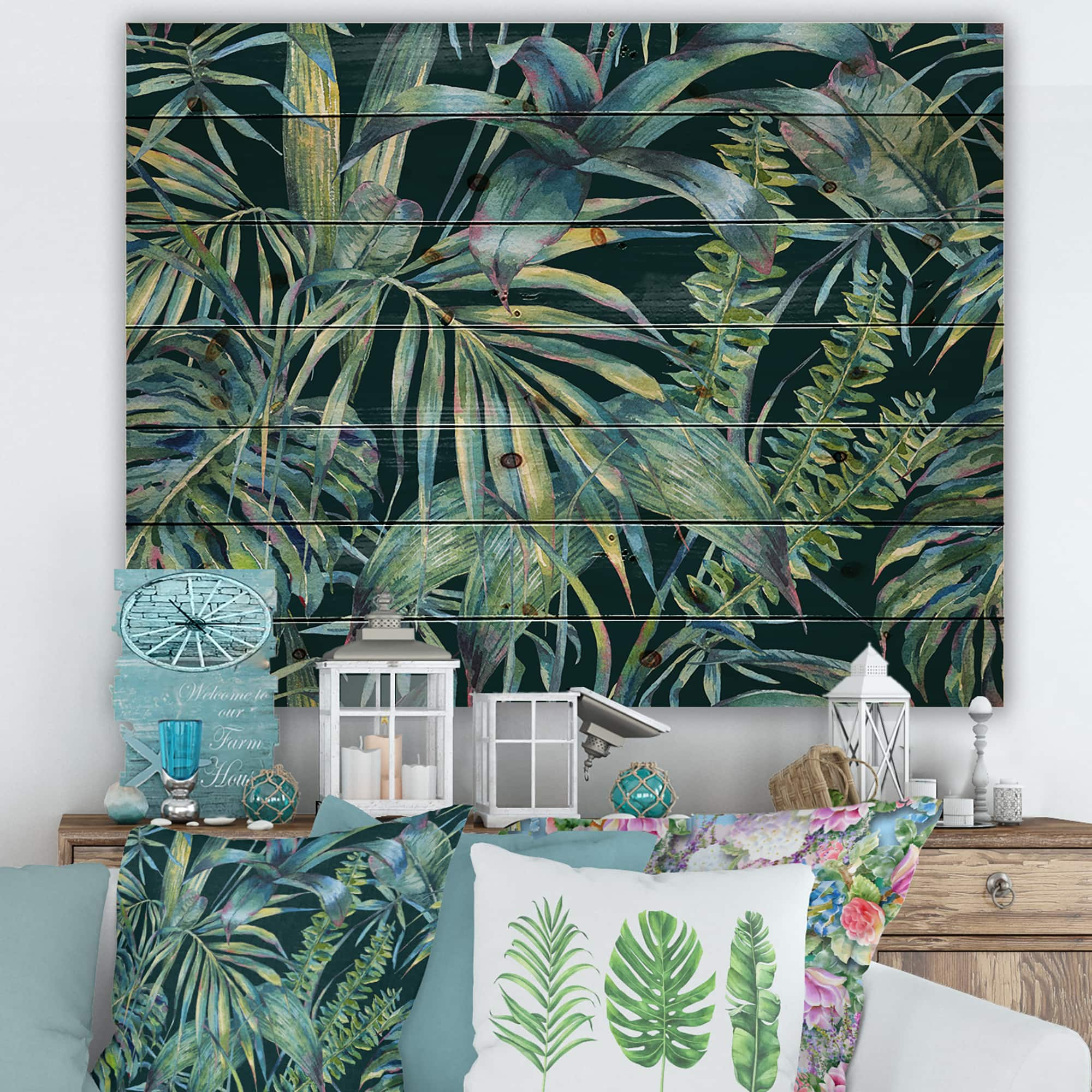 Designart - Natural Leaves Exotic On Dark I - Tropical Print on Natural Pine Wood