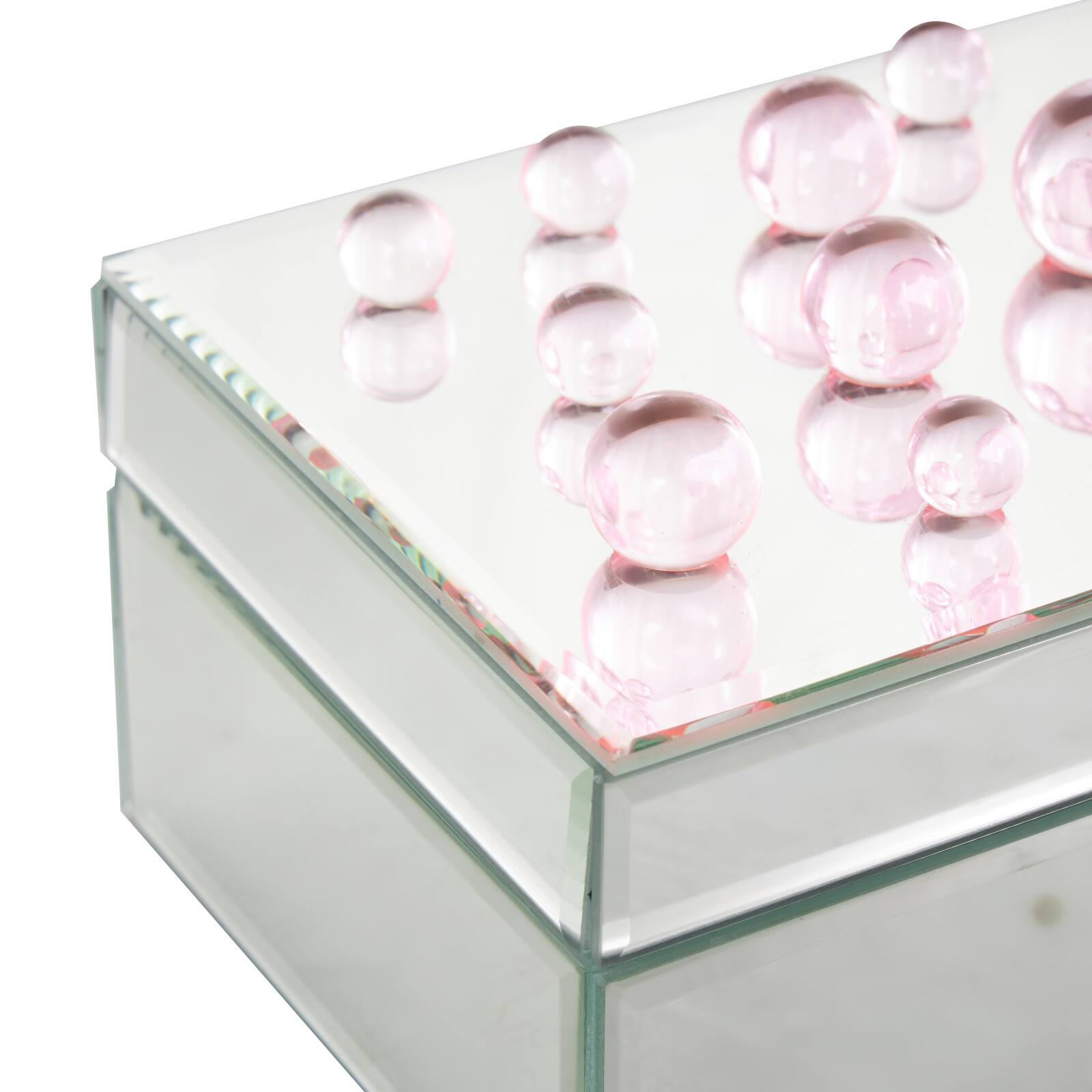 8&#x22; x 5&#x22; x 4.5&#x22; Silver Glass Mirrored Decorative Jewelry Box with Pink Bubble Textured Balls