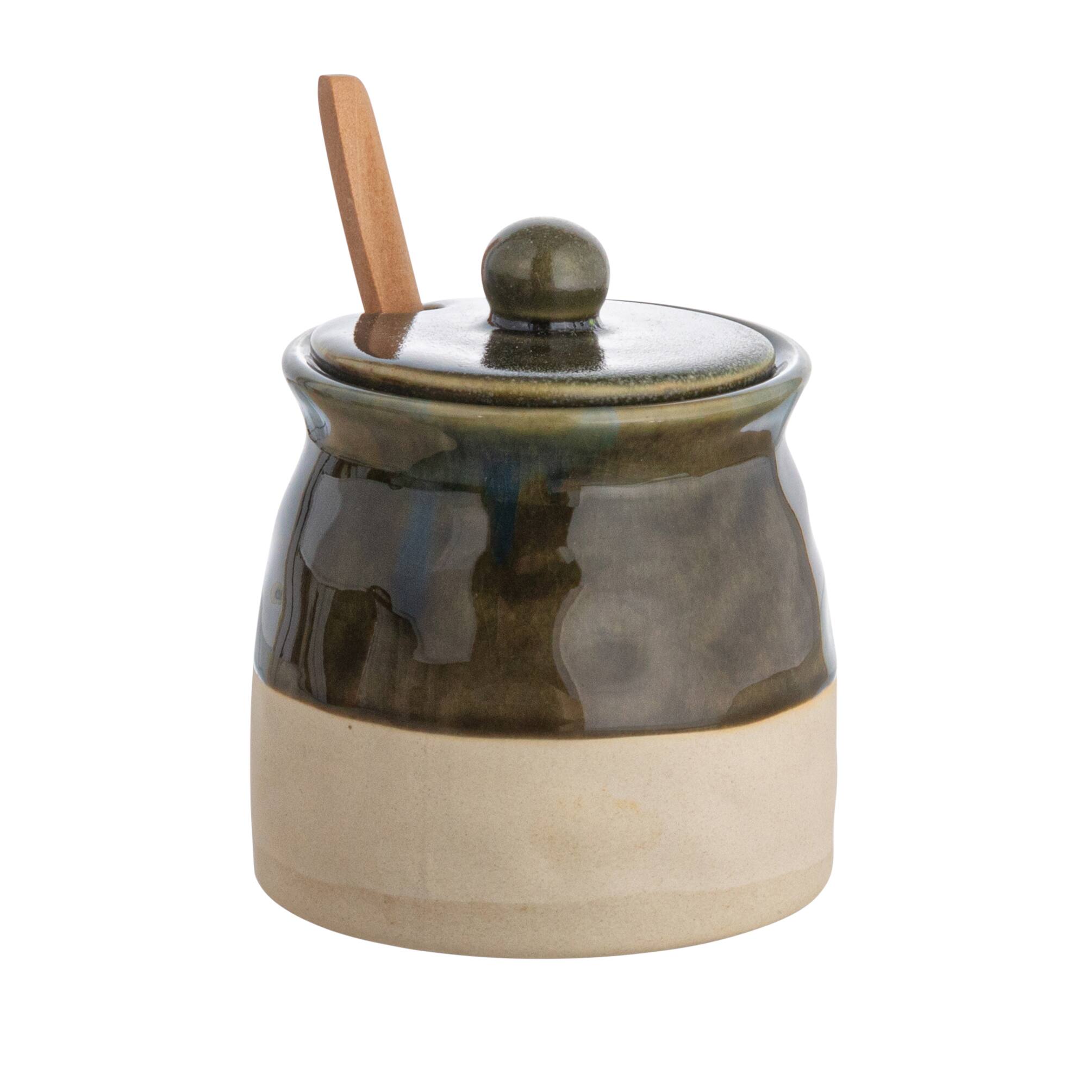 Hello Honey® 4.4" Green Stoneware Sugar Pot with Lid & Wood Spoon