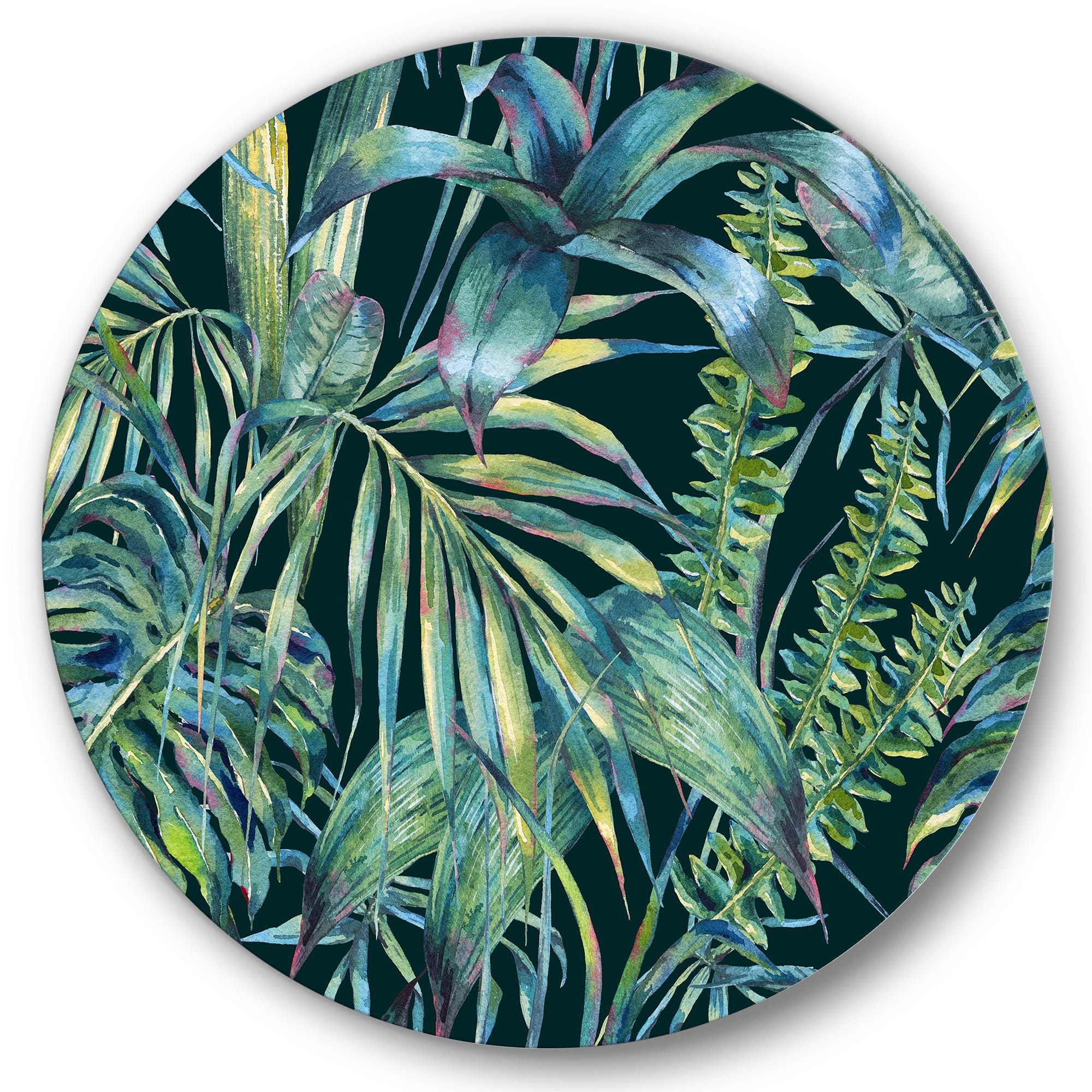 Designart - Natural Leaves Exotic On Dark I - Tropical Metal Circle Wall Art