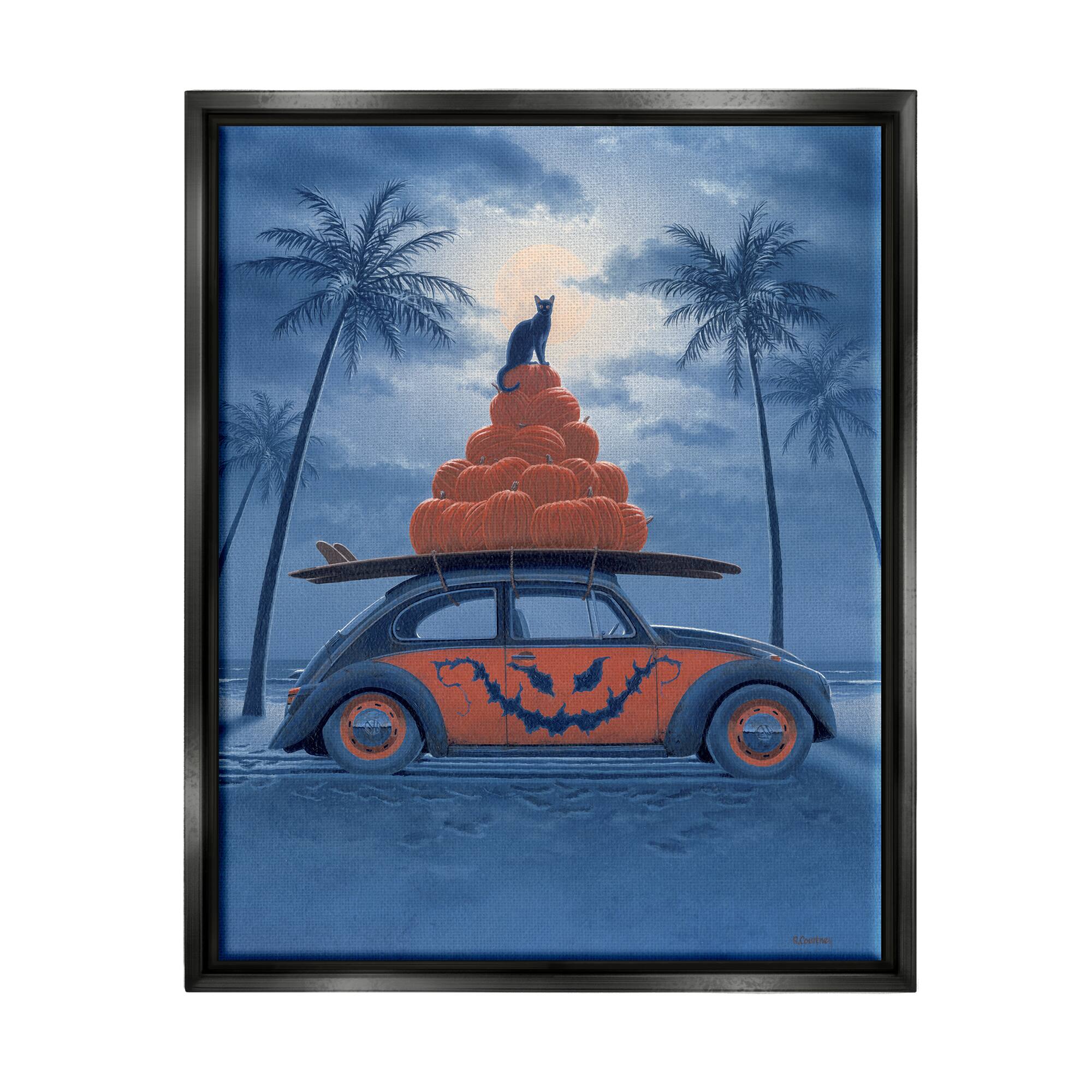 Stupell Industries Spooky Tropical Beach Pumpkin Car Framed Floater Canvas Wall Art