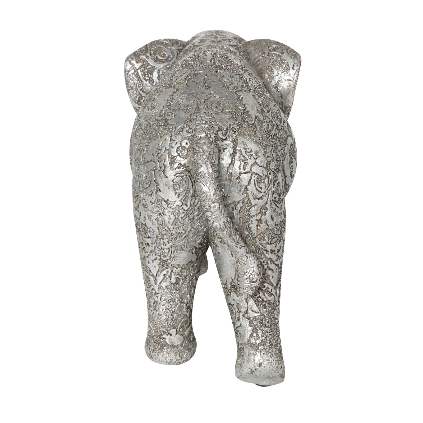 14" Silver Polystone Elephant Floral Engraved Sculpture