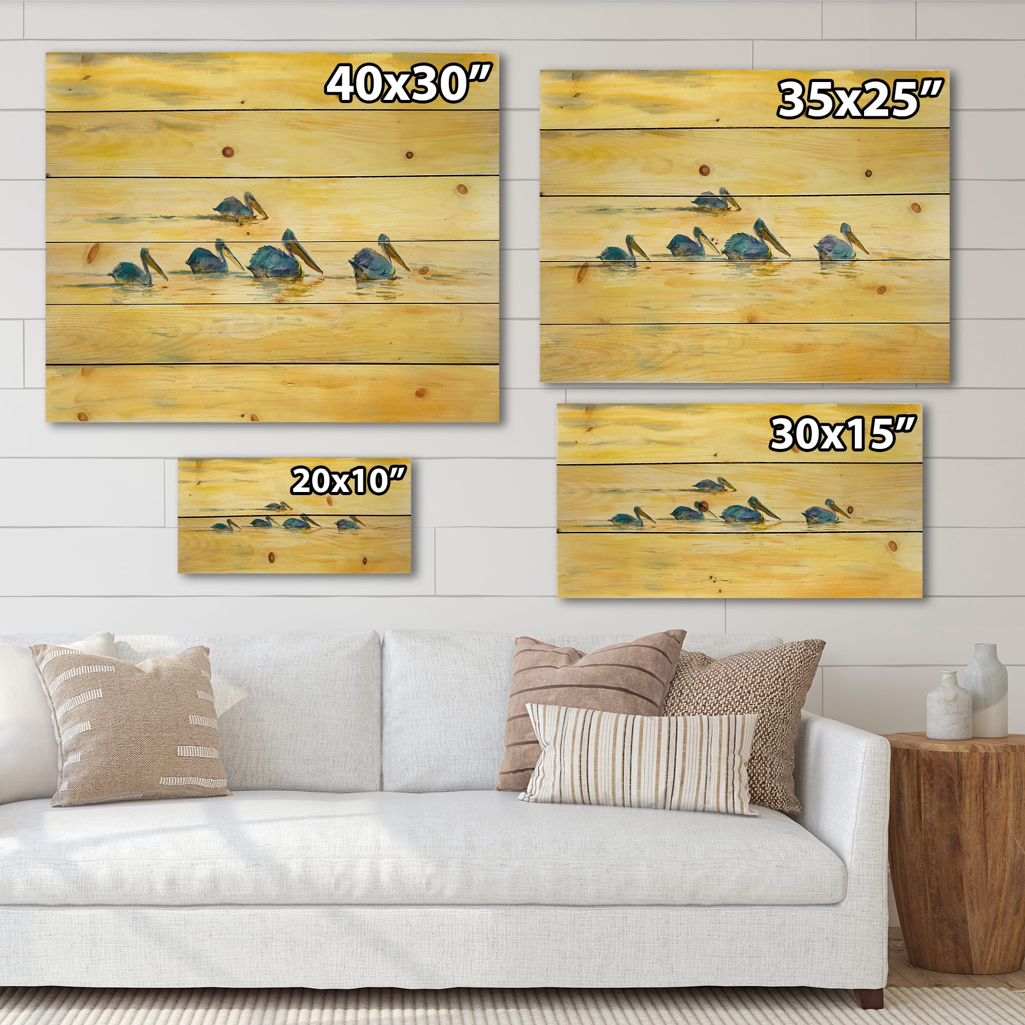 Designart - Pelicans On The Yellow River - Farmhouse Print on Natural Pine Wood