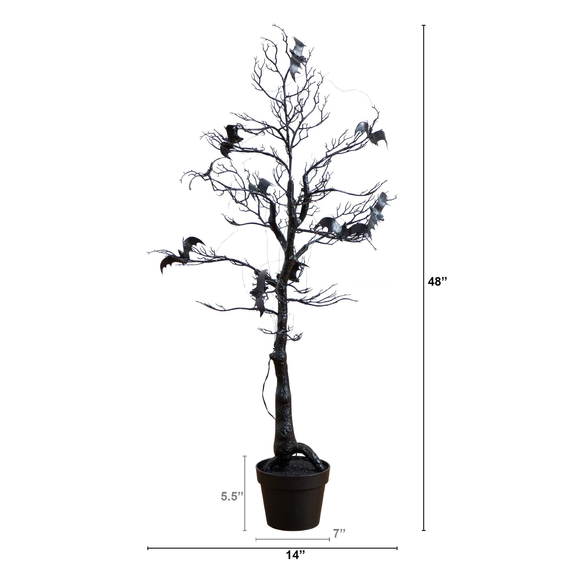 4ft. Pre-Lit Artificial Halloween Black Spooky Twig Tree with Bats and 120 Orange &#x26; Purple LED Lights