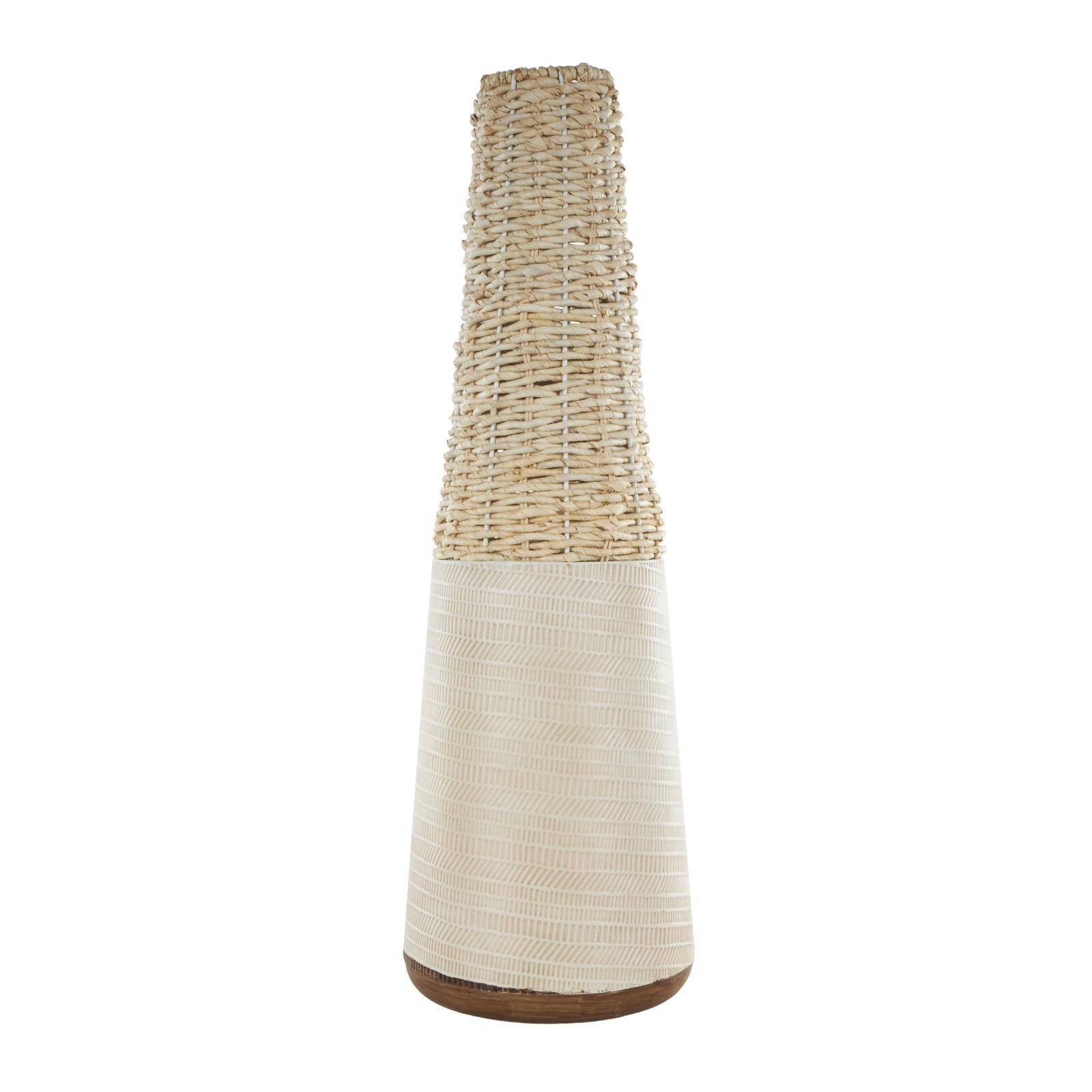 Light Brown Rattan Handmade Woven Vase with Beige Metal Base