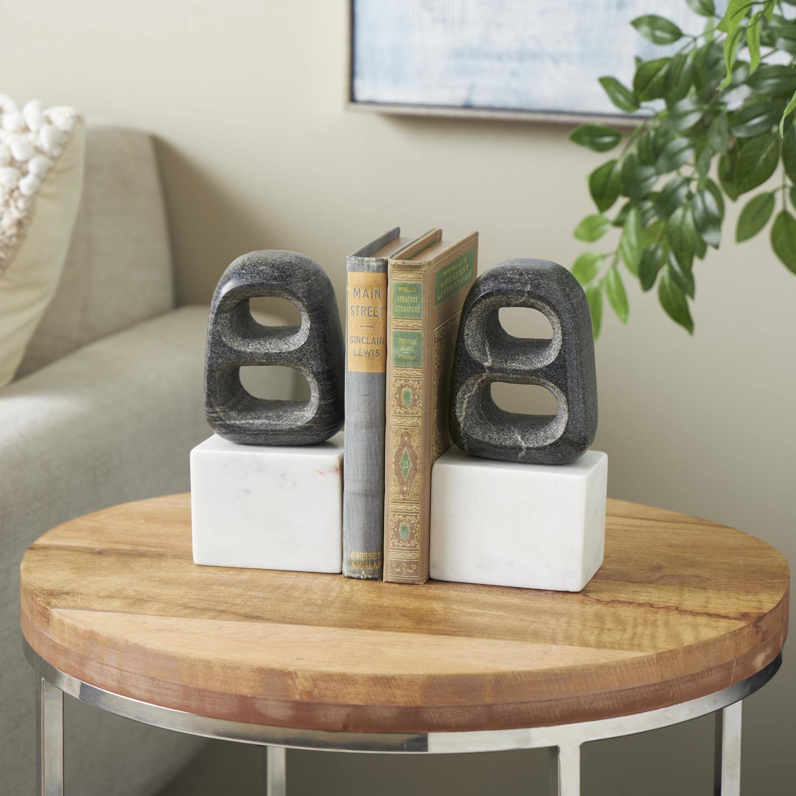 8.25" White & Black Marble Geometric Cutout Oval Bookend Set with Block Base