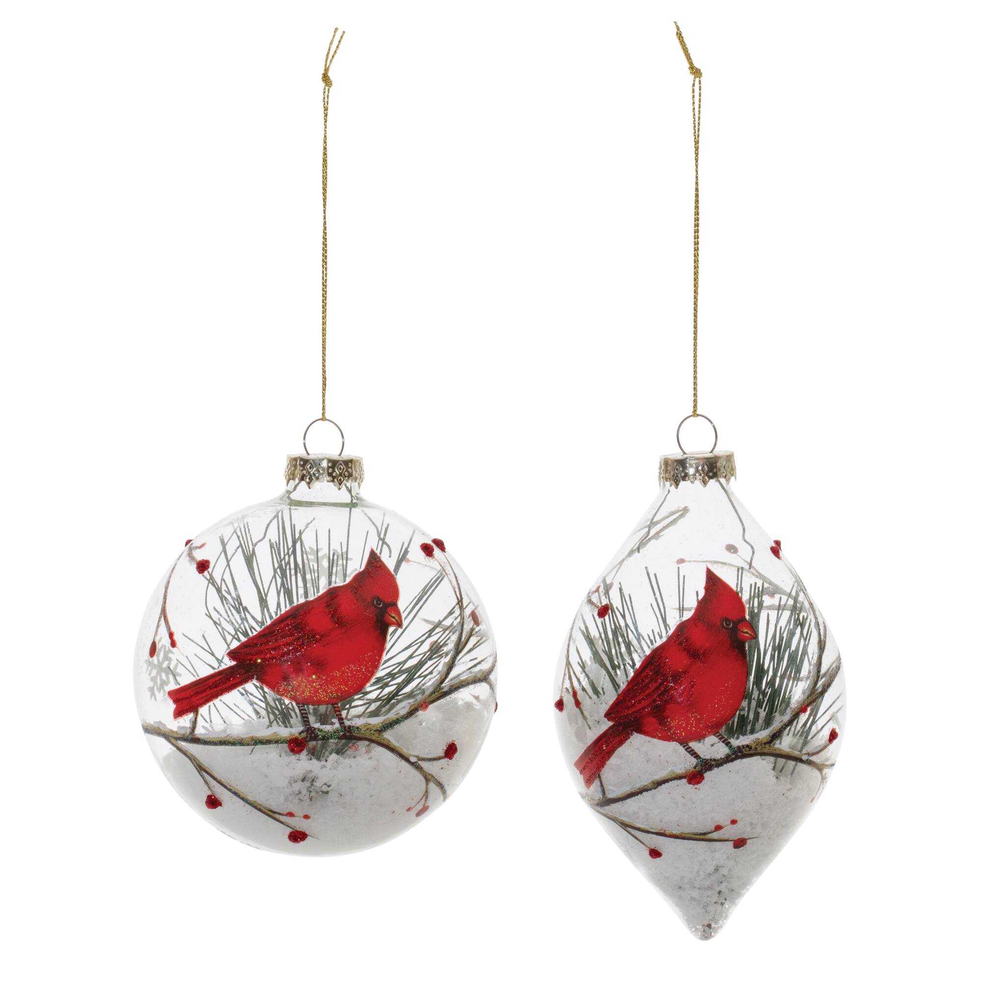 Glittered Glass Cardinal Ornament with Snow & Pine Filler Set