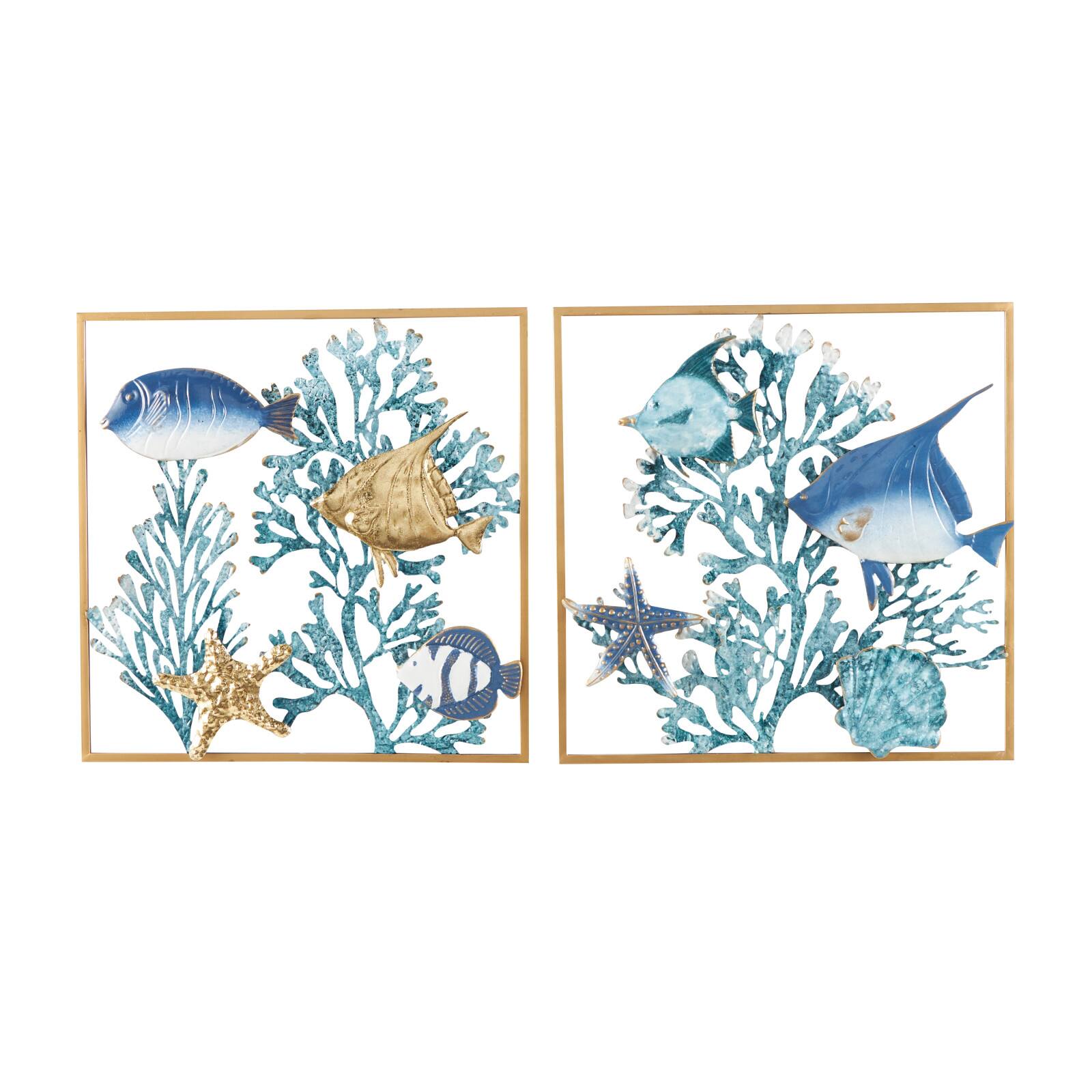 20" x 20" Blue Metal Fish Wall Décor with Gold Frames and Coral Background, Set of 2