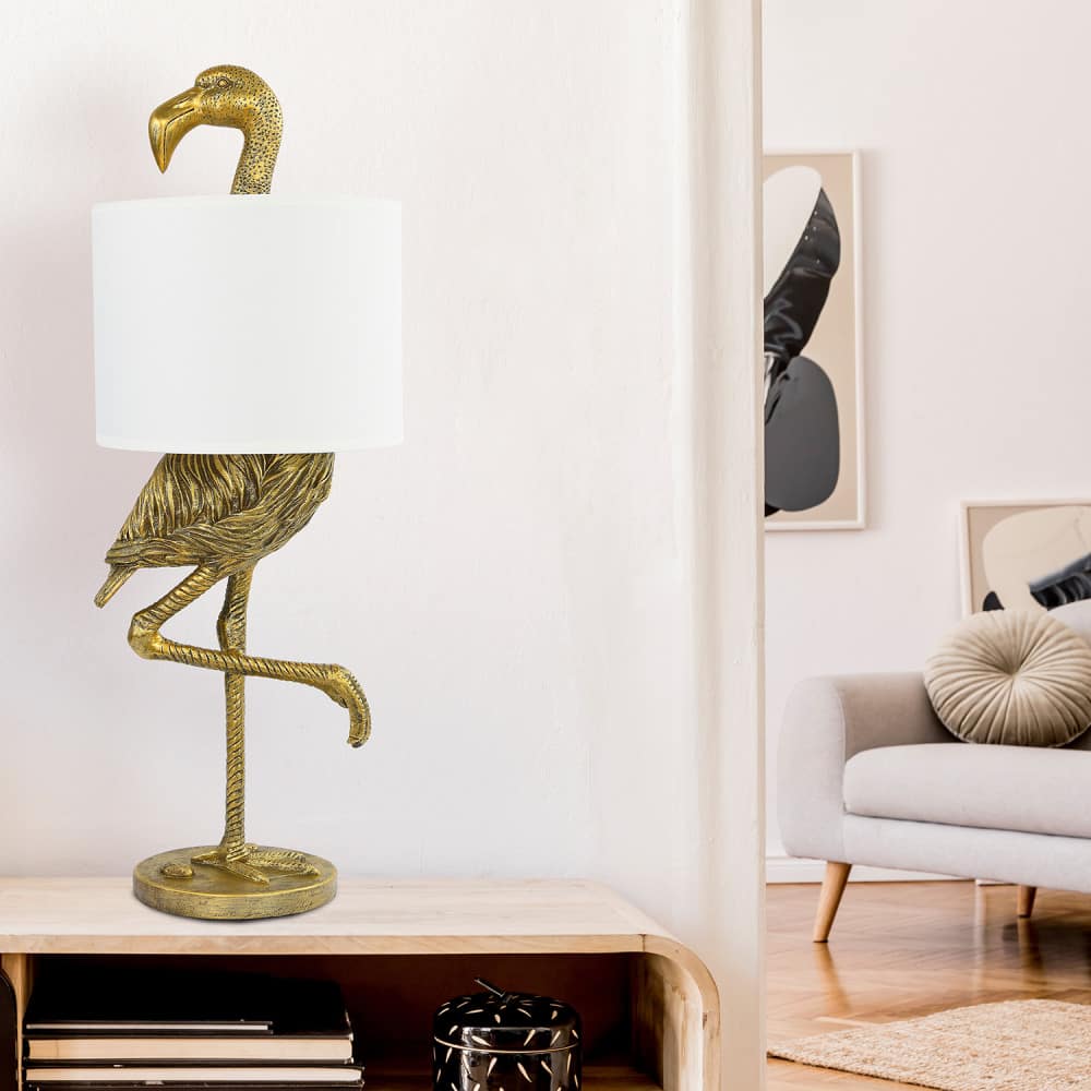 32&#x22; Gold Finish Resin Flamingo Table Lamp with Linen Shade