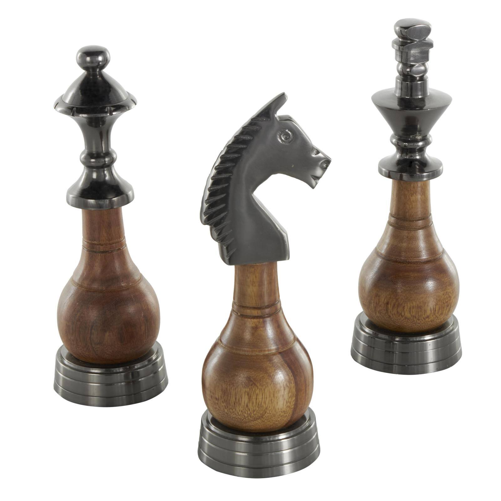 9" Dark Gray & Brown Aluminum & Mango Wood Chess Piece Sculpture Set