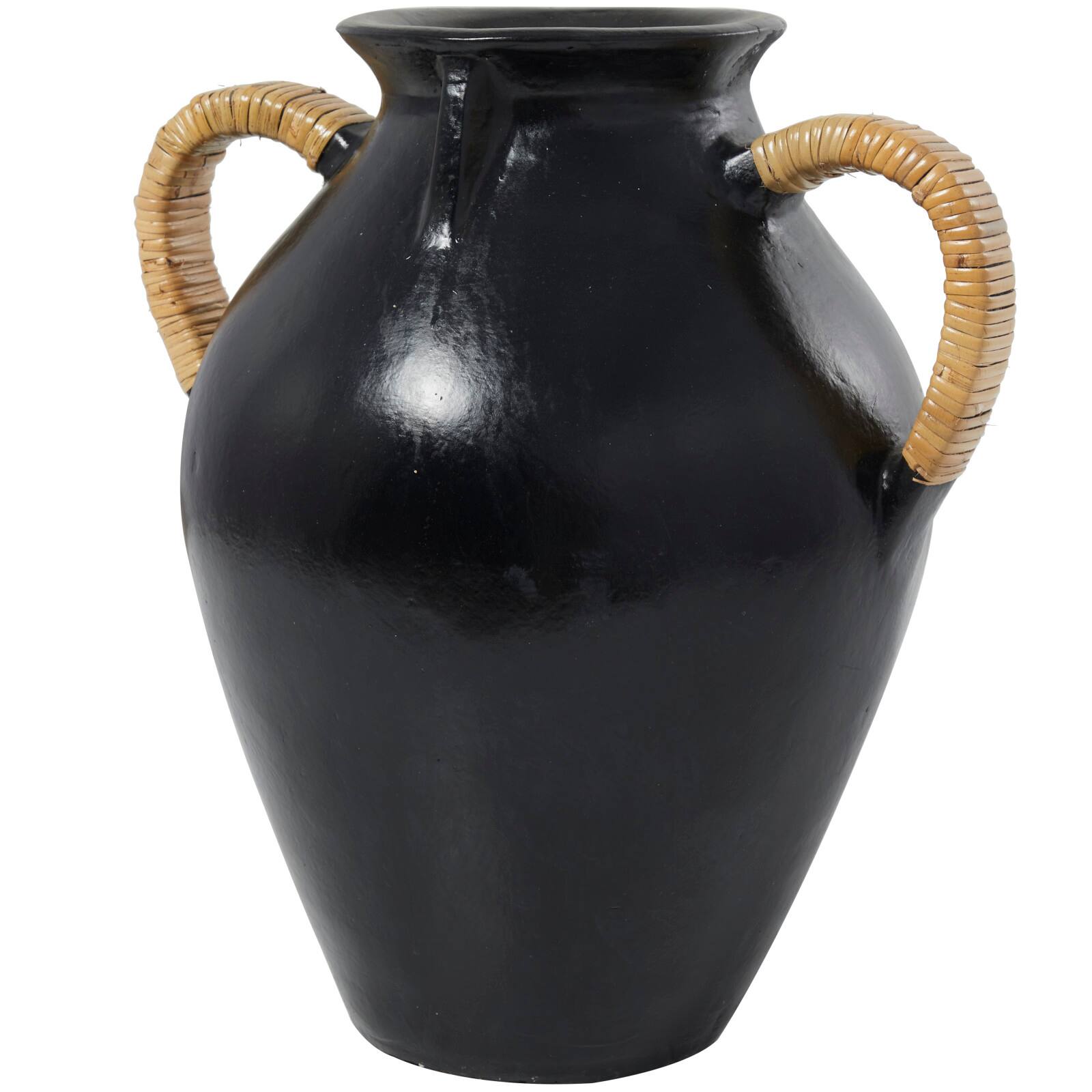 19" Black Ceramic Jug Vase with Rattan Wrapped Handles