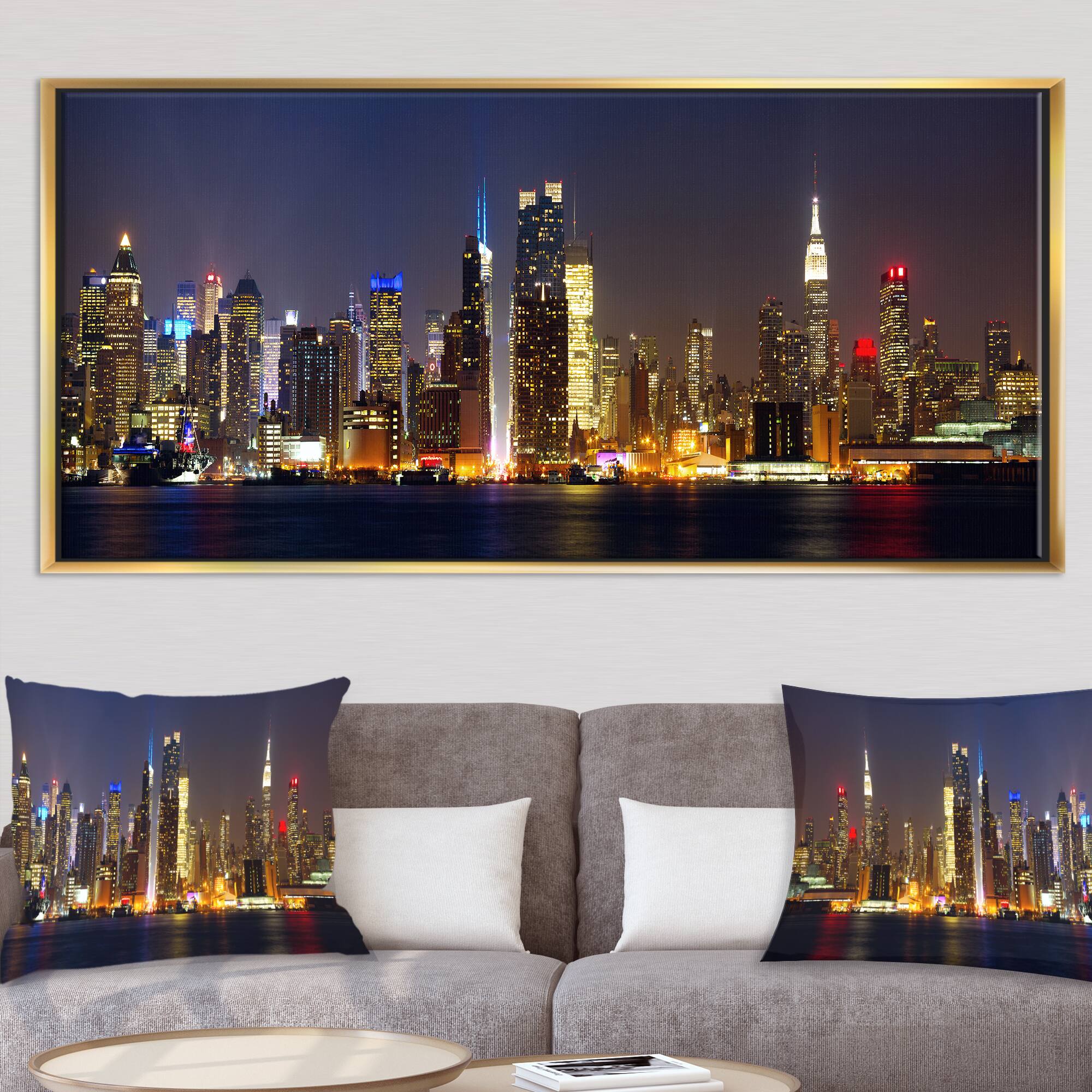 Designart - New York Skyline at Night - Cityscape Photo Framed Canvas Print