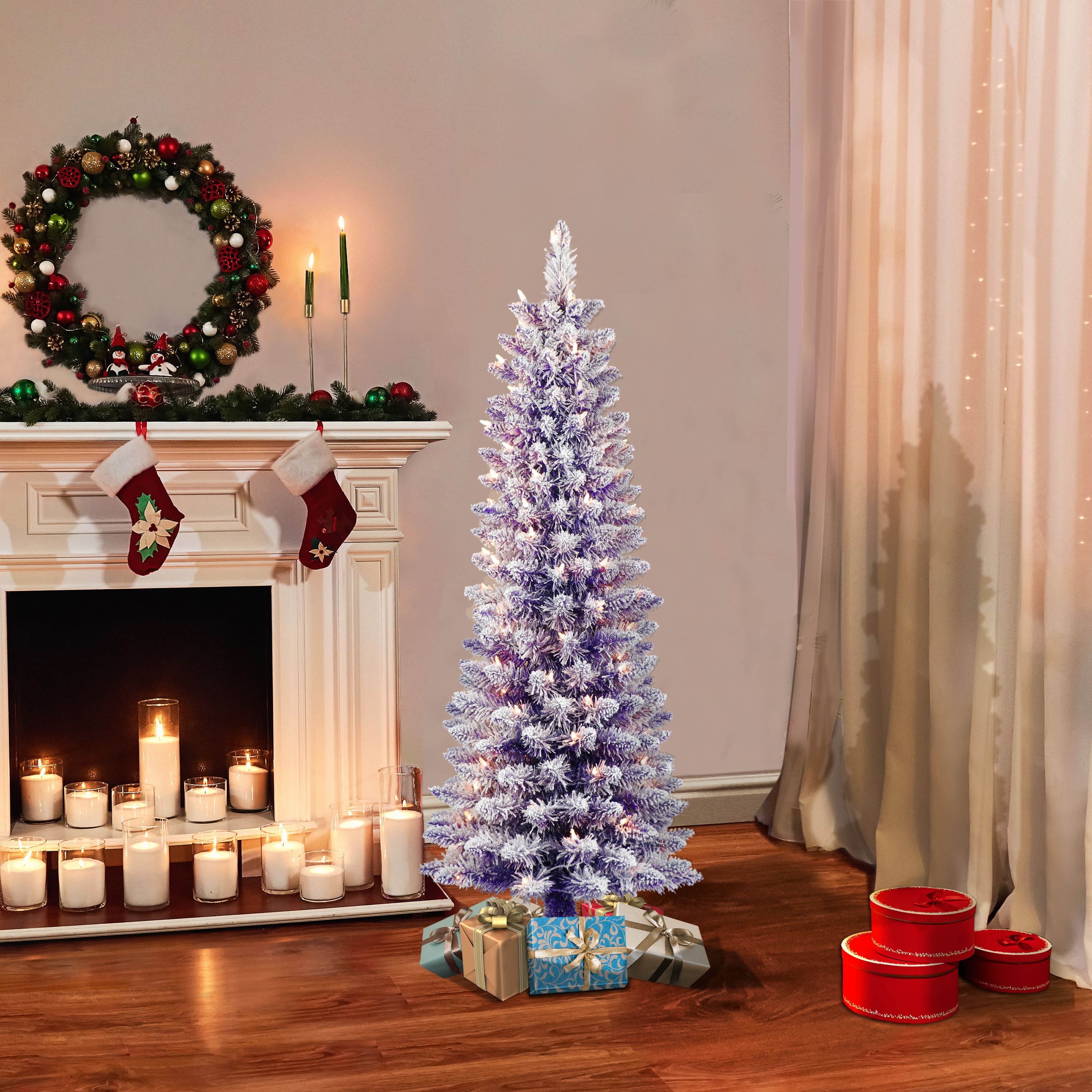 4.5ft. Pre-Lit Flocked Fashion Purple Pencil Artificial Christmas Tree, Clear Lights