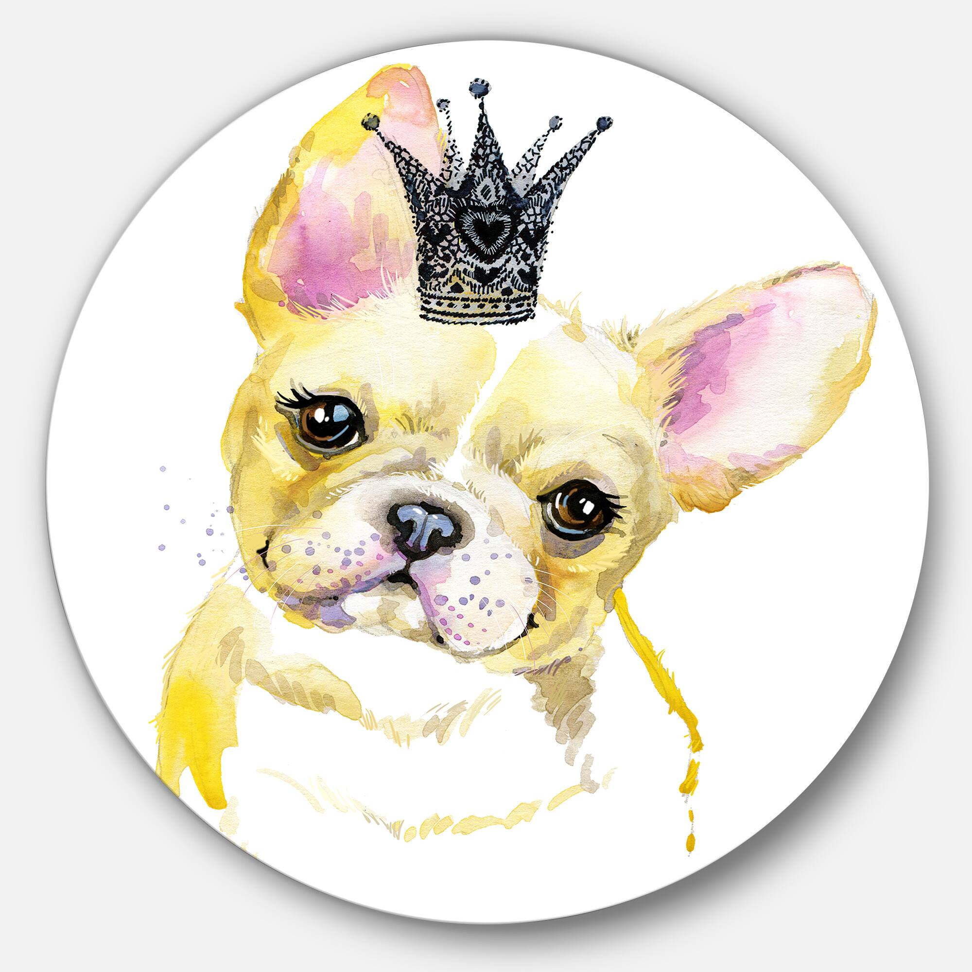 Designart - French Bulldog with Black Crown' Disc Contemporary Animal Metal Circle Wall Decor