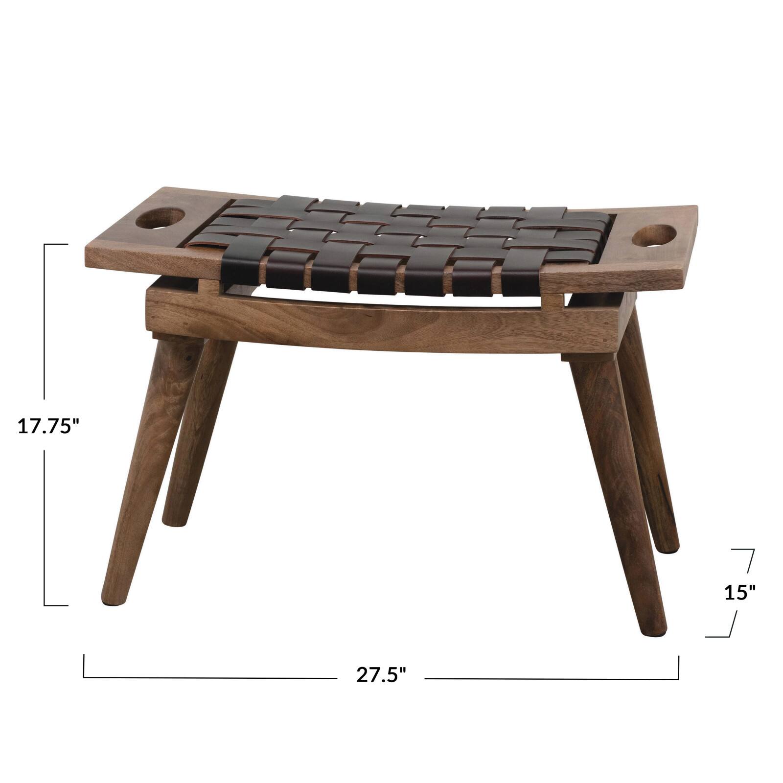 Hello Honey&#xAE; 18&#x22; Black &#x26; Natural Mango Wood &#x26; Woven Leather Stool with Handles