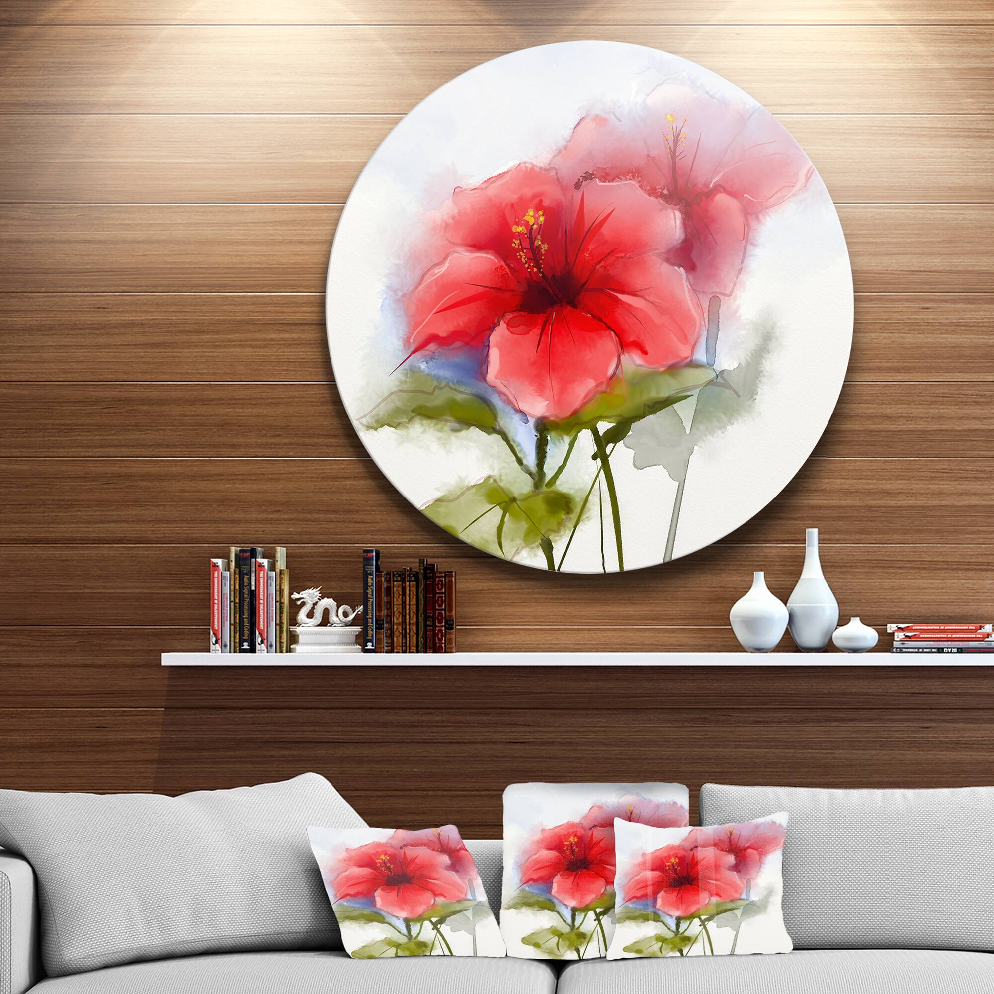 Designart - Watercolor Painting Red Hibiscus Flower&#x27; Large Floral Metal Circle Wall Art