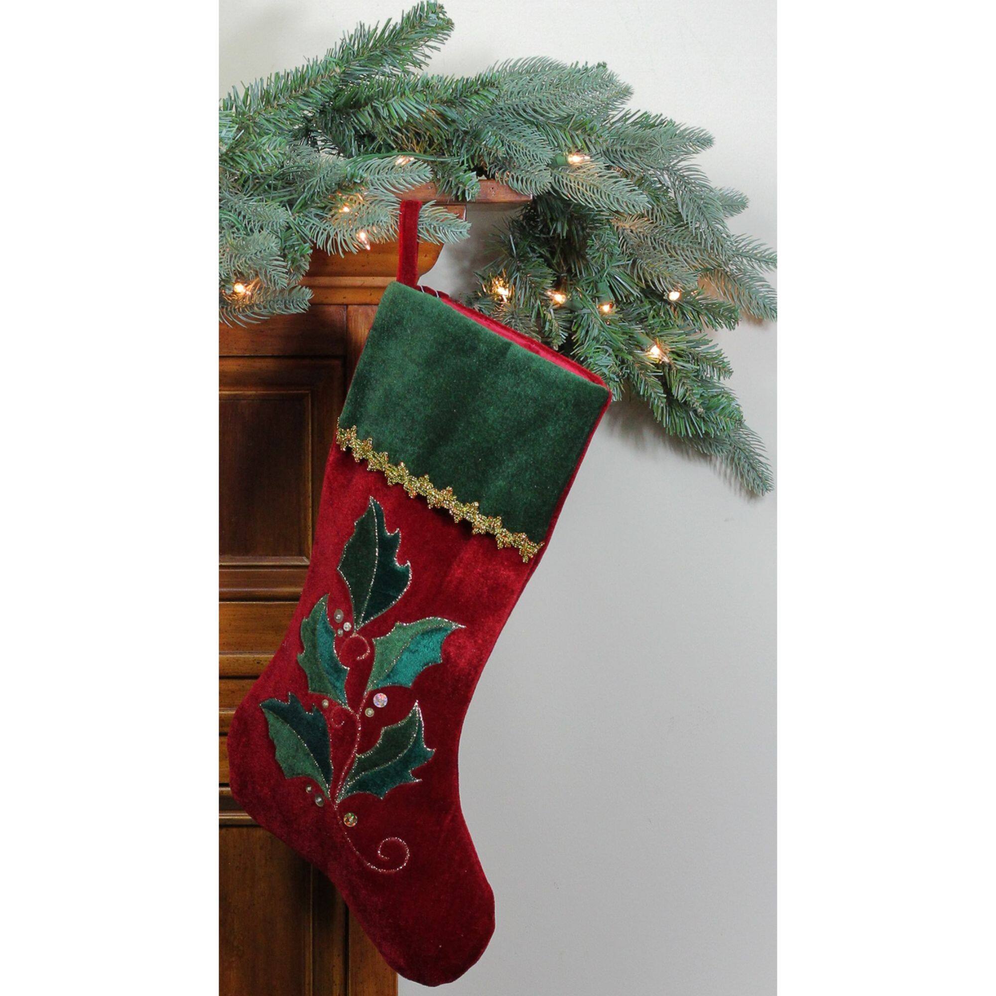 20.5&#x22; Holly Embroidered Velvet Stocking