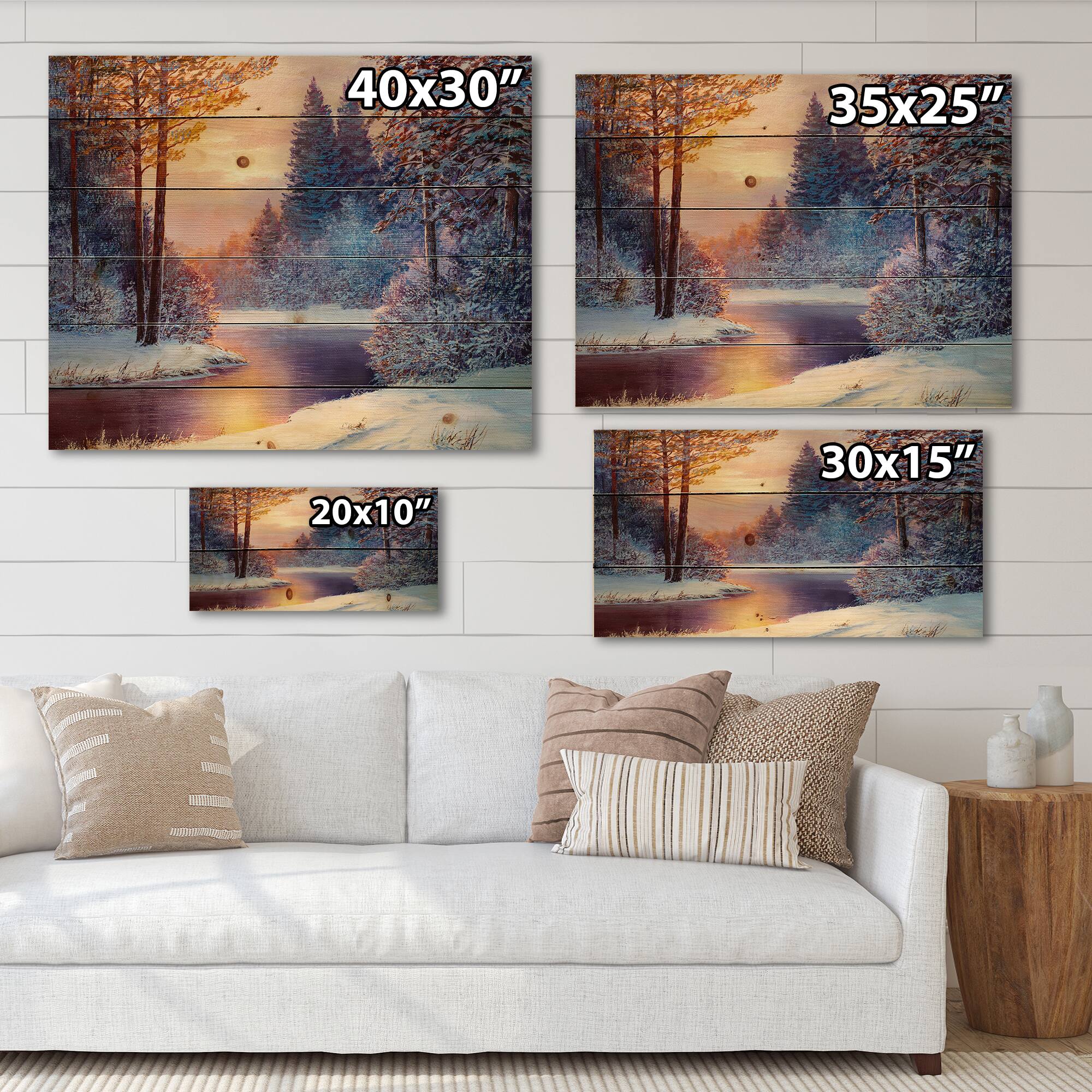 Designart - Winding River With Dark Blue Silhouettes of Trees - Lake House Print on Natural Pine Wood