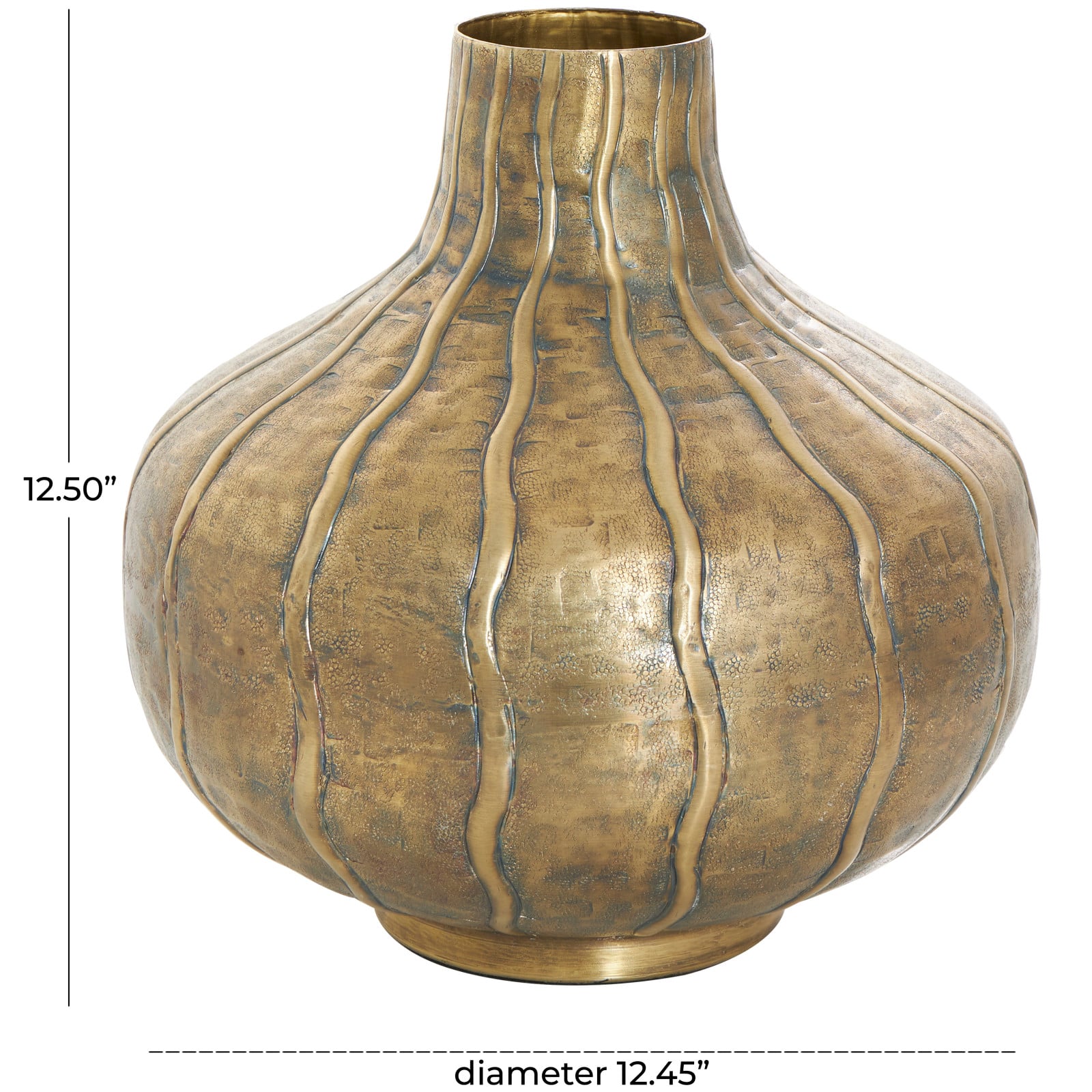 13" Brass Metal Wide Snakeskin Inspired Vase with Dimensional Wavy Accents