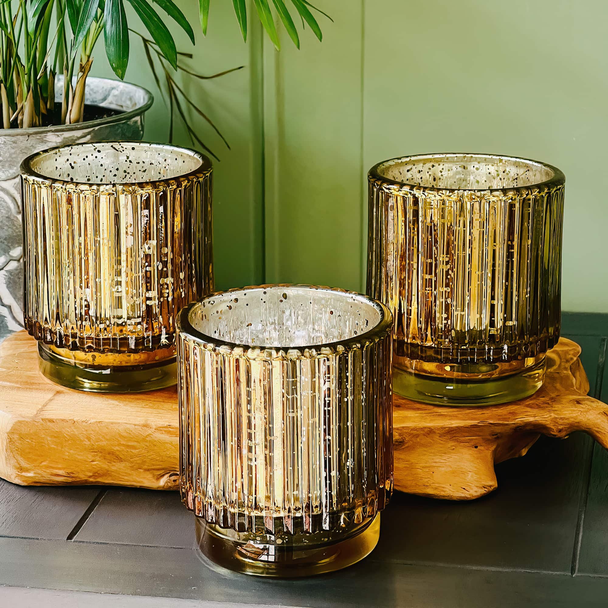 Kate Aspen&#xAE; Gold Vintage Ribbed Glass Tealight Votive Candle Holder Set