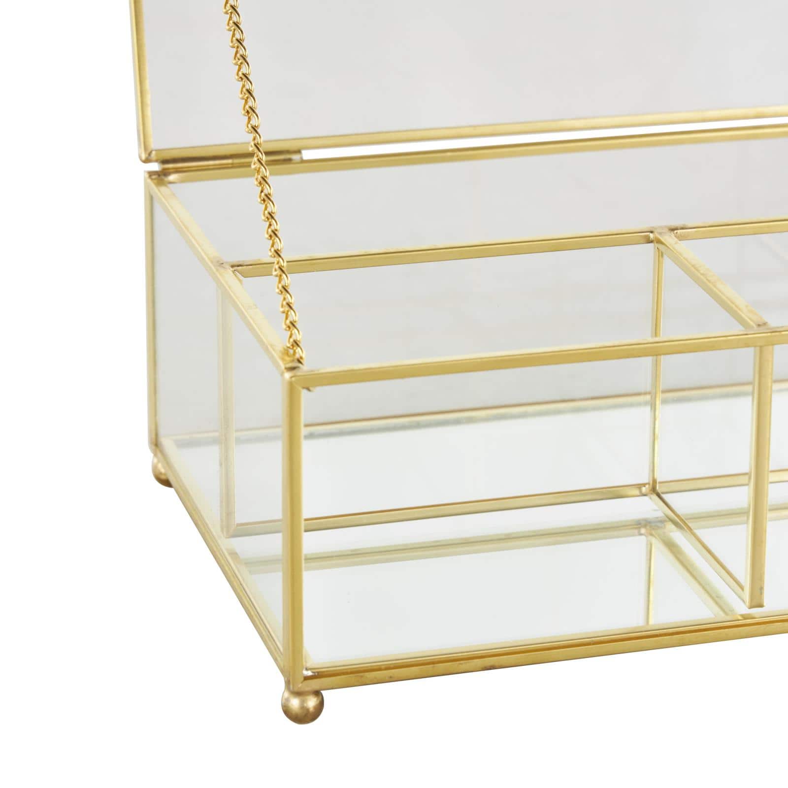 7&#x22; x 5&#x22; x 3&#x22; Clear &#x26; Gold 3-Slot Glass &#x26; Metal Jewelry Box with Chain Accent