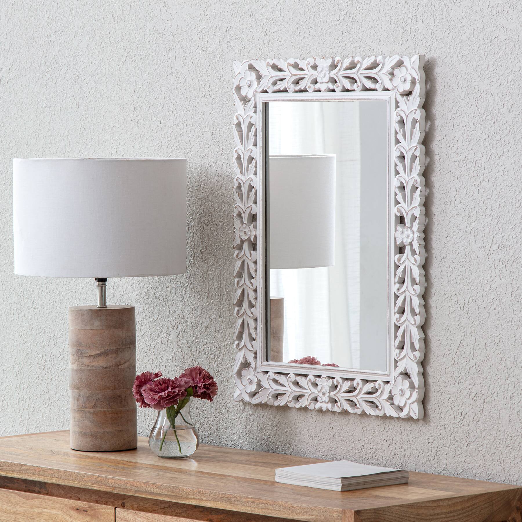 Habitat Calie 24&#x22; Distressed White Mirror with Carved Floral Frame